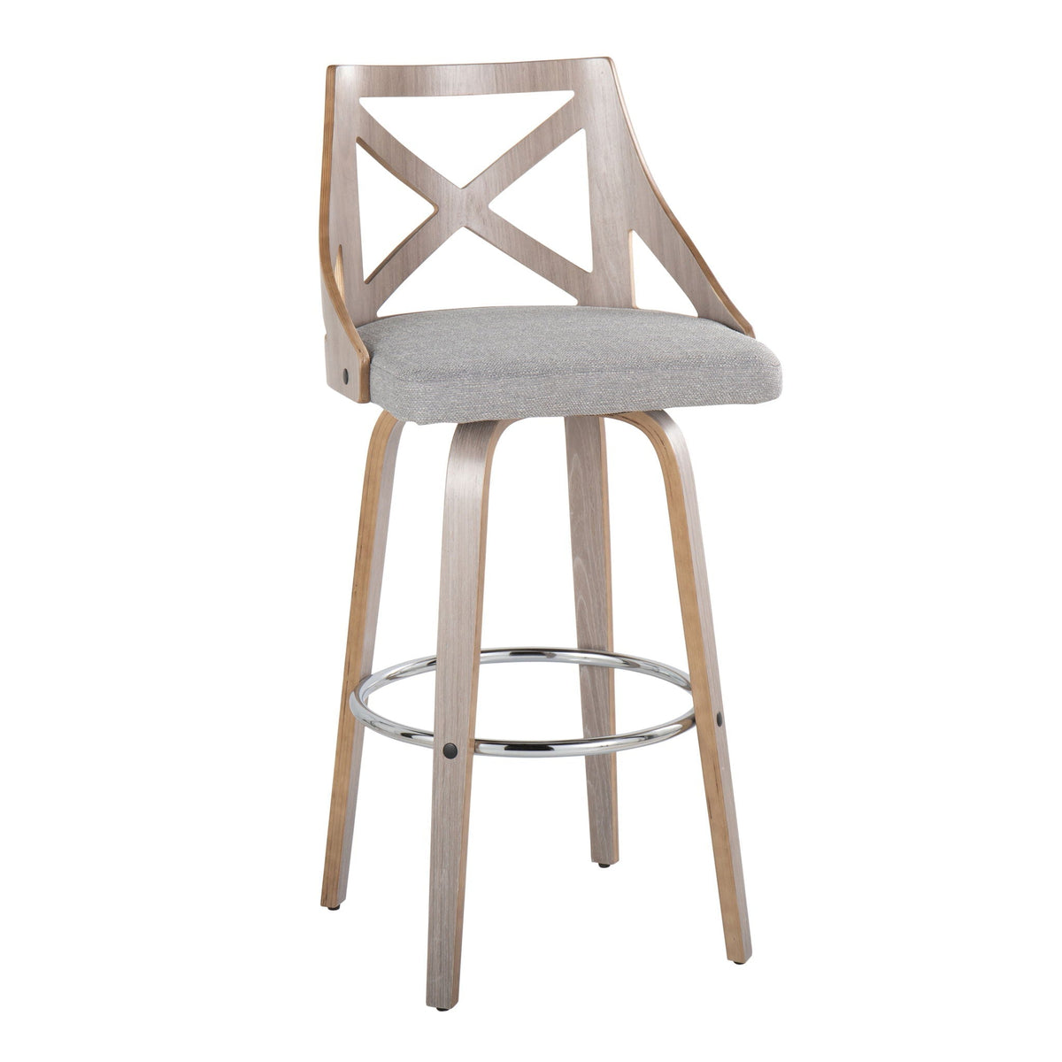 Farmhouse fixed-height bar stool set with gray seat and X-back frame, round footrest on Tampa Home & Garden Store
