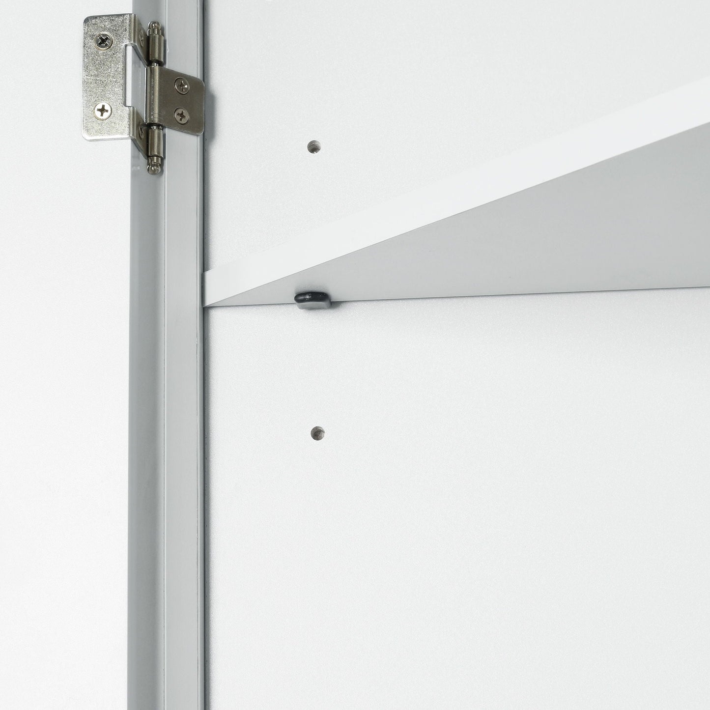Triangle bathroom storage cabinet by HouseOfZazla, white panel, metal hinge close-up on Tampa Home & Garden Store
