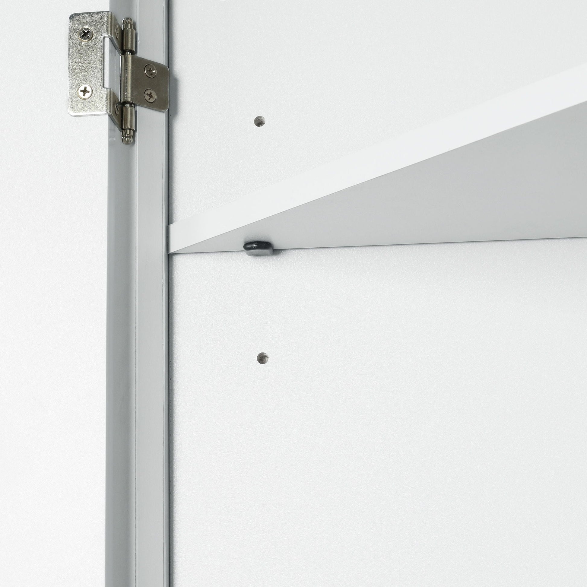 Triangle bathroom storage cabinet by HouseOfZazla, white panel, metal hinge close-up on Tampa Home & Garden Store