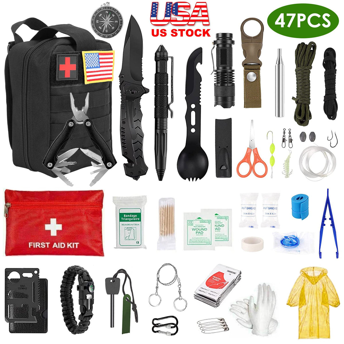 GemGear 47Pcs Survival Kit in black tactical bag with multitool on Tampa Home & Garden Store