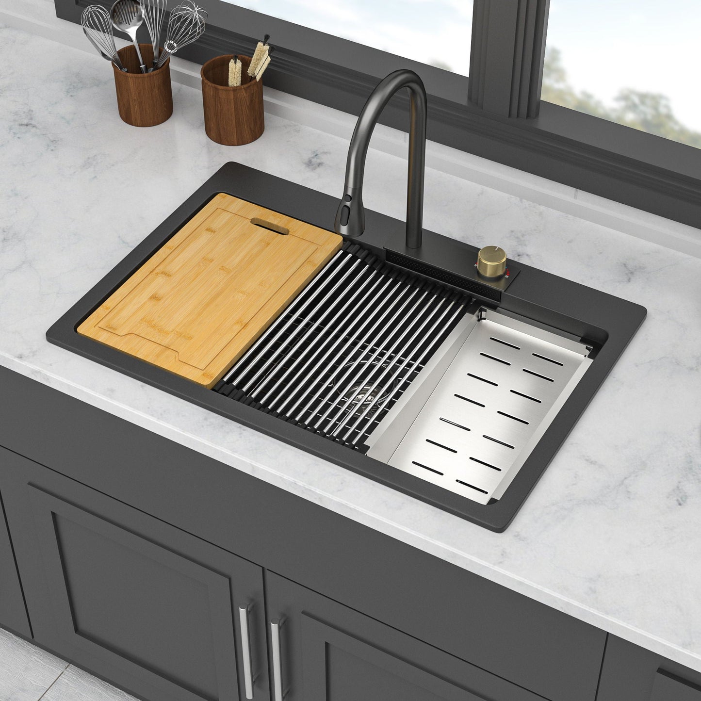 Brushed Waterfall Sink with Faucet and Cup Washer