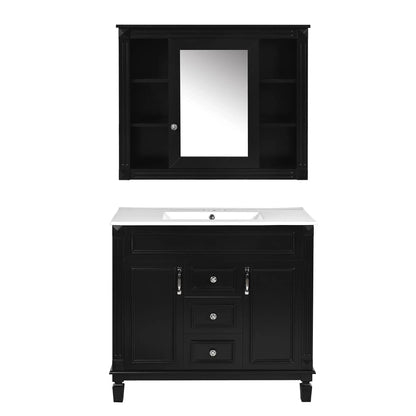Bathroom vanity with top sink and mirror cabinet, black finish, two doors and two drawers on Tampa Home & Garden Store