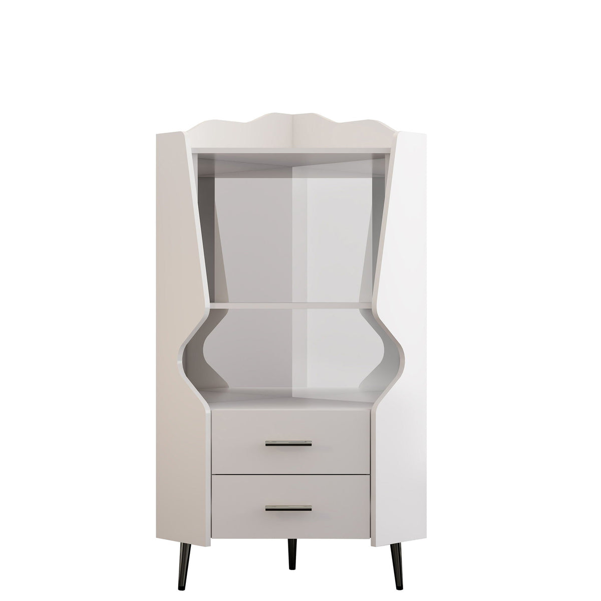 Corner Bar Cabinet in white wood with mirrored back and storage shelves on Tampa Home & Garden Store