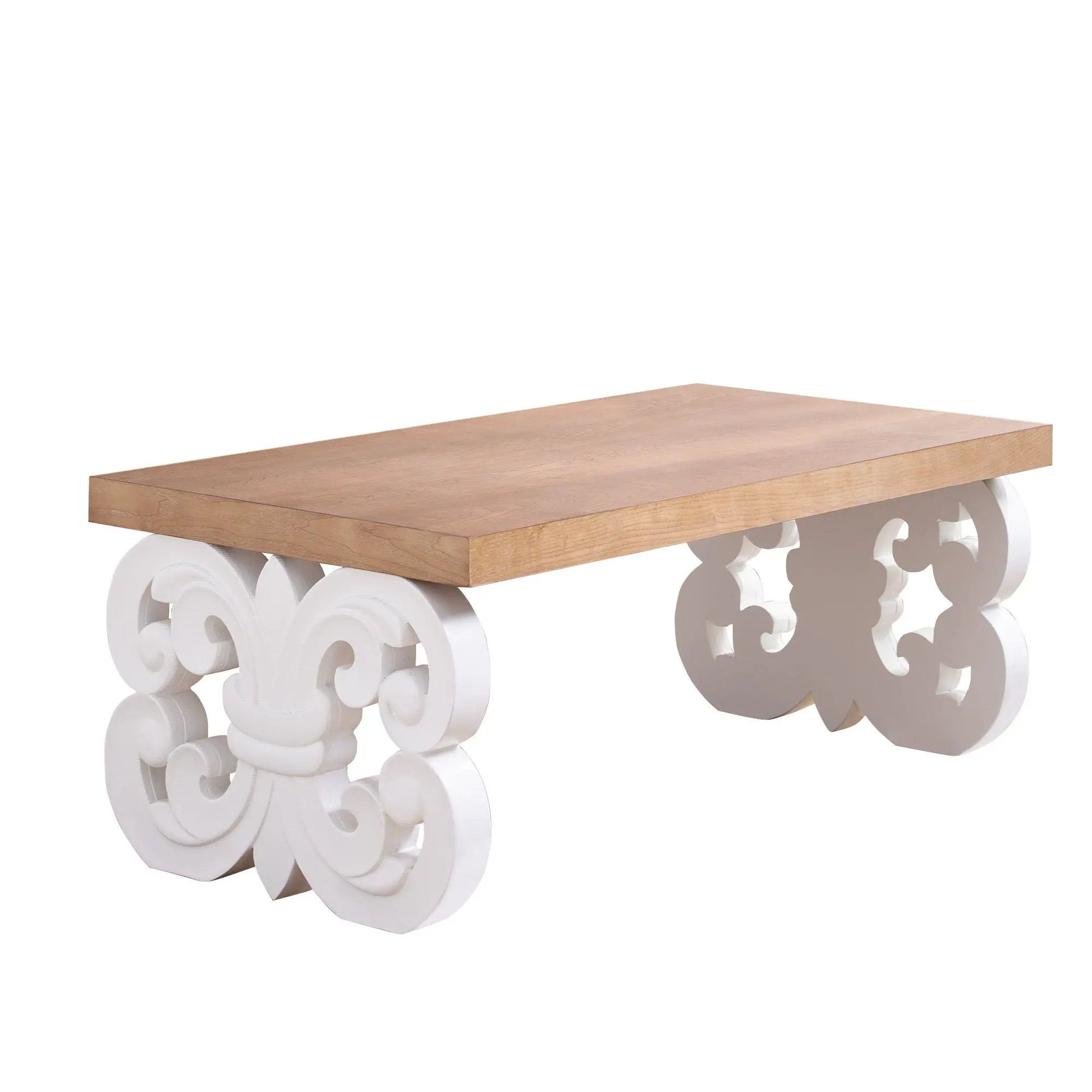 Ornate Scroll Base Coffee Table with wood top and white scroll legs on Tampa Home & Garden Store