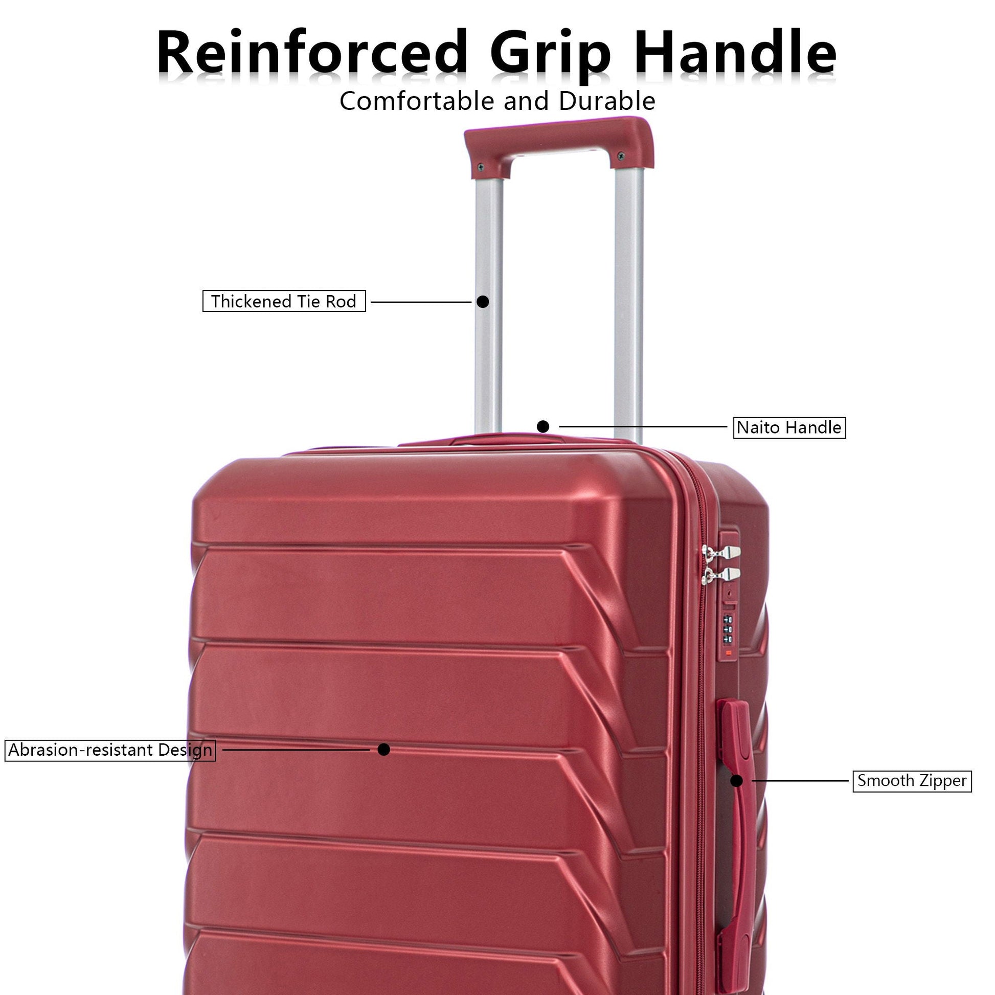 Red hard-shell spinner luggage with telescoping handle and built-in combination lock on Tampa Home & Garden Store