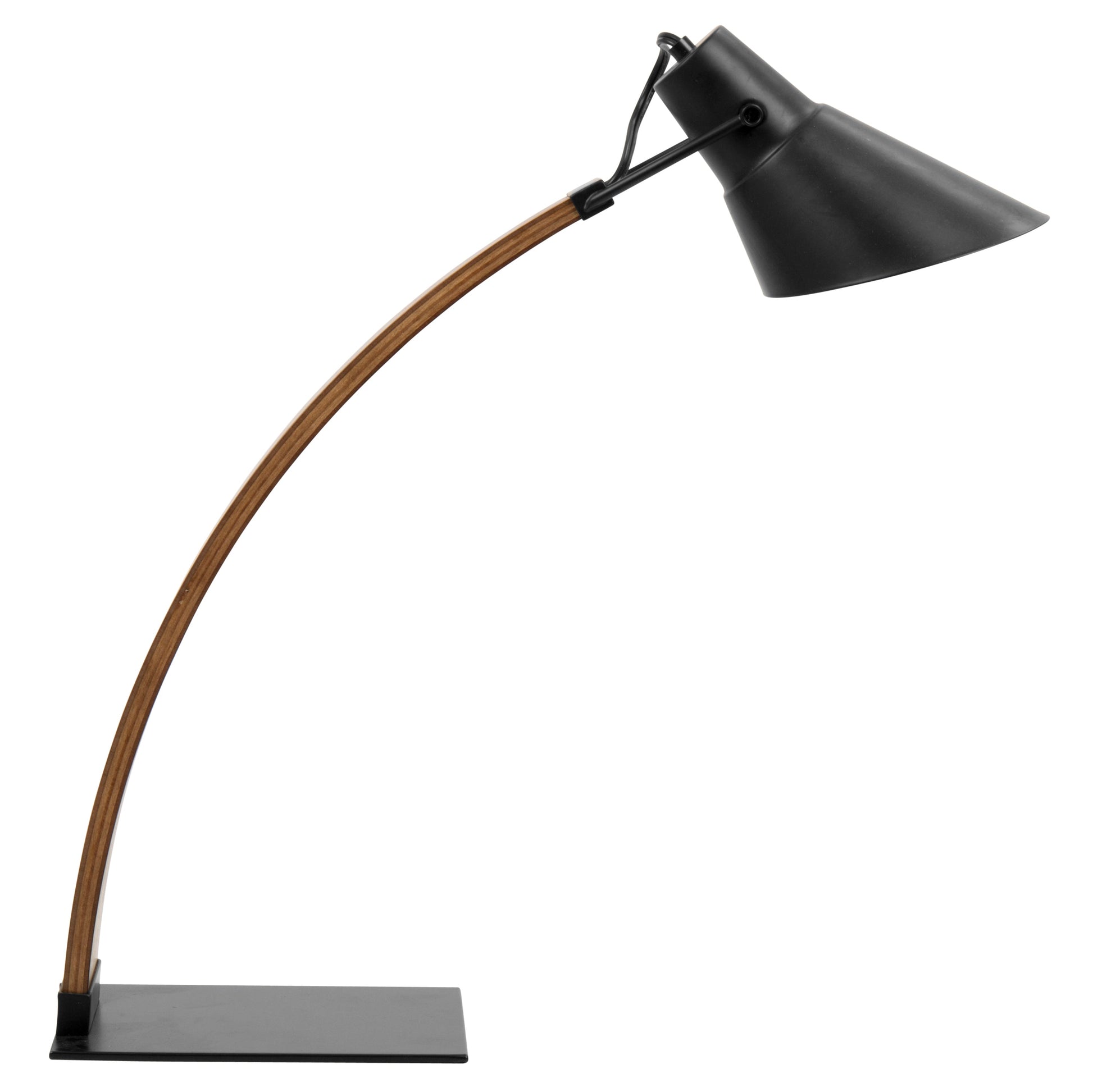 Noah Mid-Century Modern Table Lamp in Walnut and Black with curved arm and black shade on Tampa Home & Garden Store