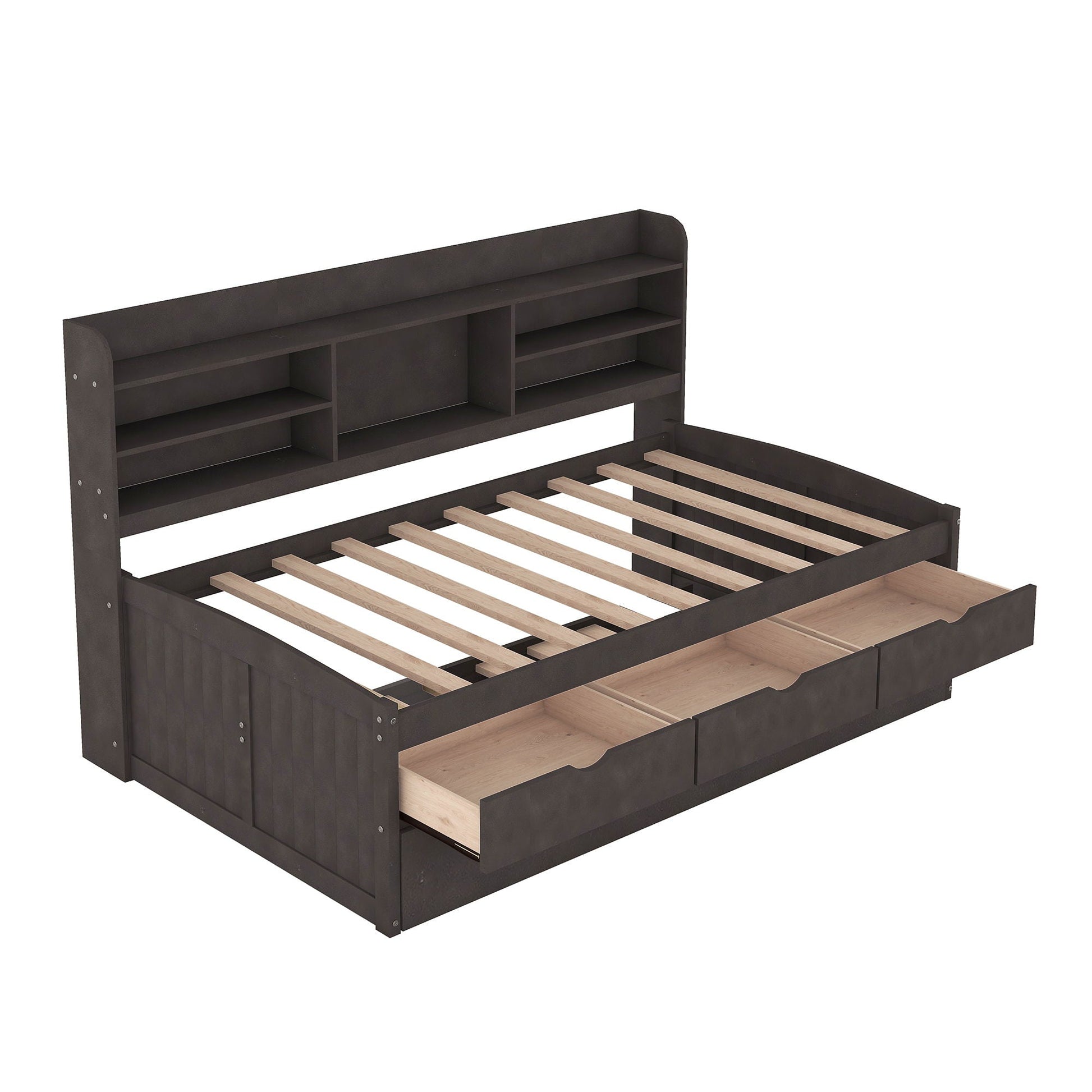 Captain Bed with built-in bookshelves, 3 drawers, and trundle by HouseOfZazla in dark wood on Tampa Home & Garden Store