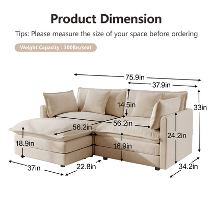 HouseOfZazla chenille two-seater sofa with ottoman footrest, beige L-shaped sectional on Tampa Home & Garden Store
