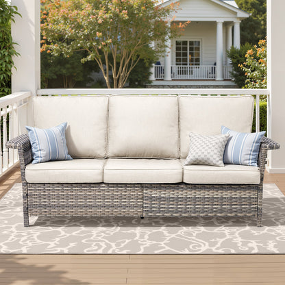 76.7-inch Wide Outdoor Wicker Patio Sofa with Armrests, beige cushions on white porch HouseOfZazla on Tampa Home & Garden Store