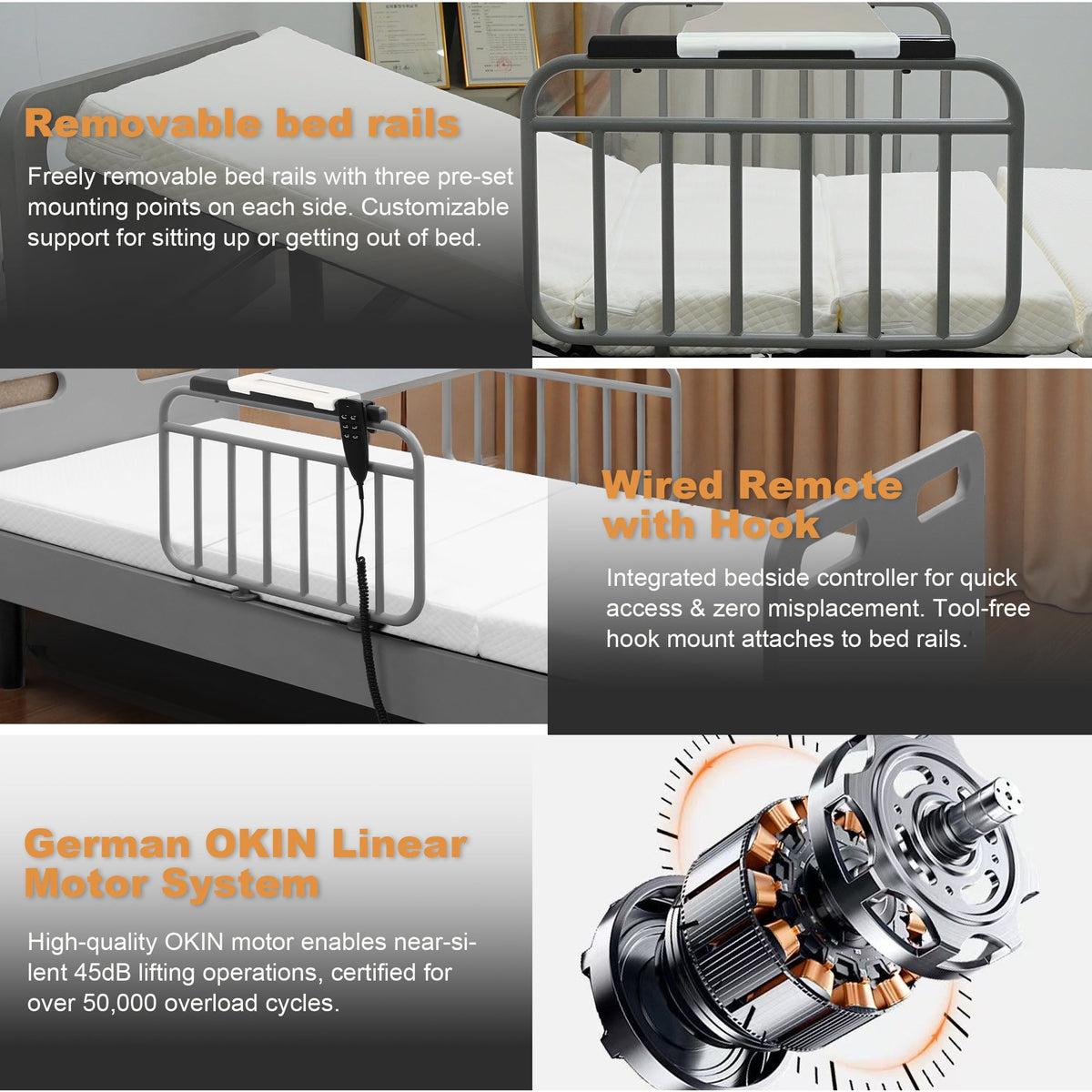 Electric adjustable hospital bed with removable gray rails and white mattress for home use on Tampa Home & Garden Store