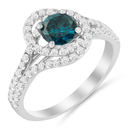 14K white gold teal blue diamond interwoven double halo ring with two diamond halos on Tampa Home & Garden Store