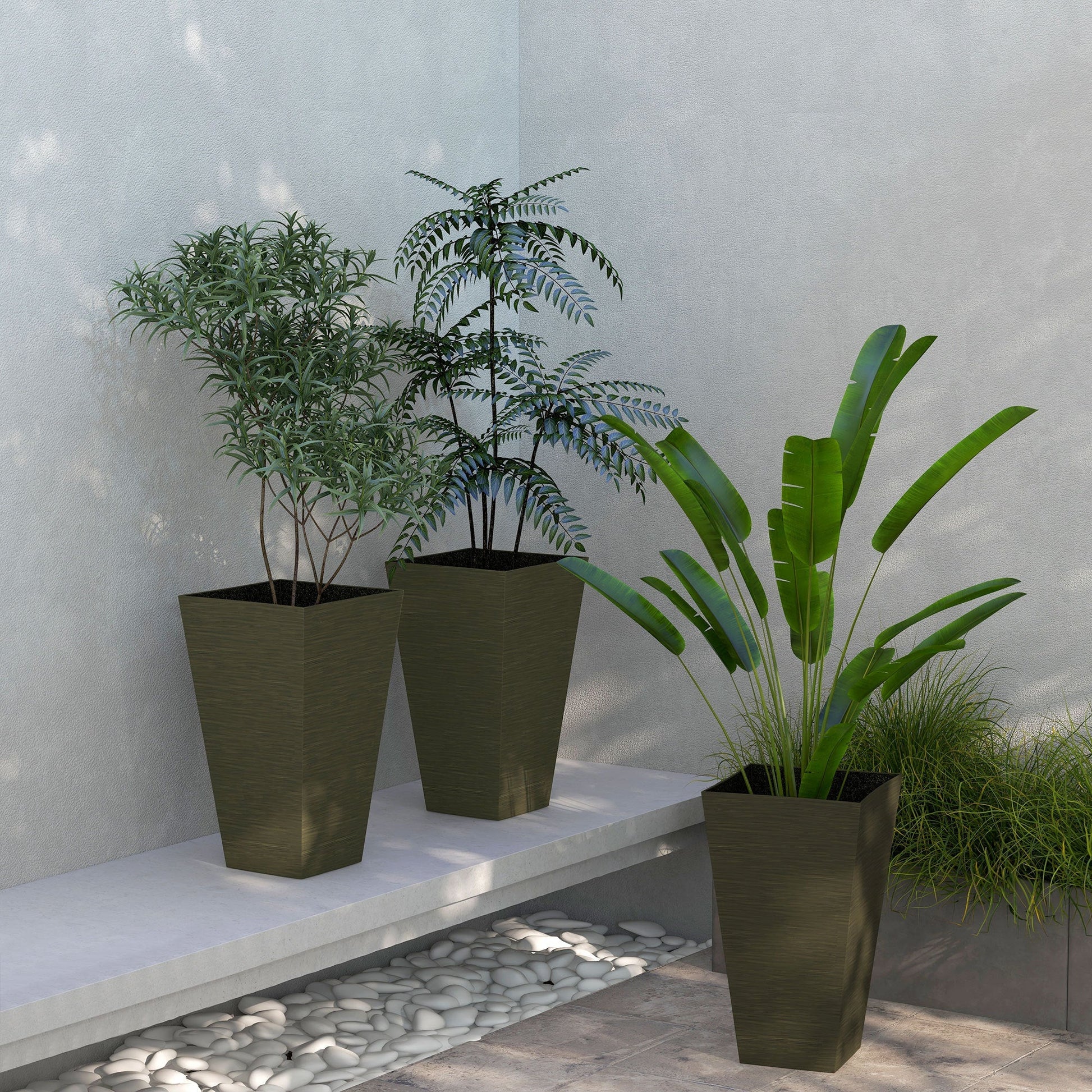 Outsunny 28in tall outdoor planters set of 3 by HouseOfZazla in dark brown square pots on Tampa Home & Garden Store