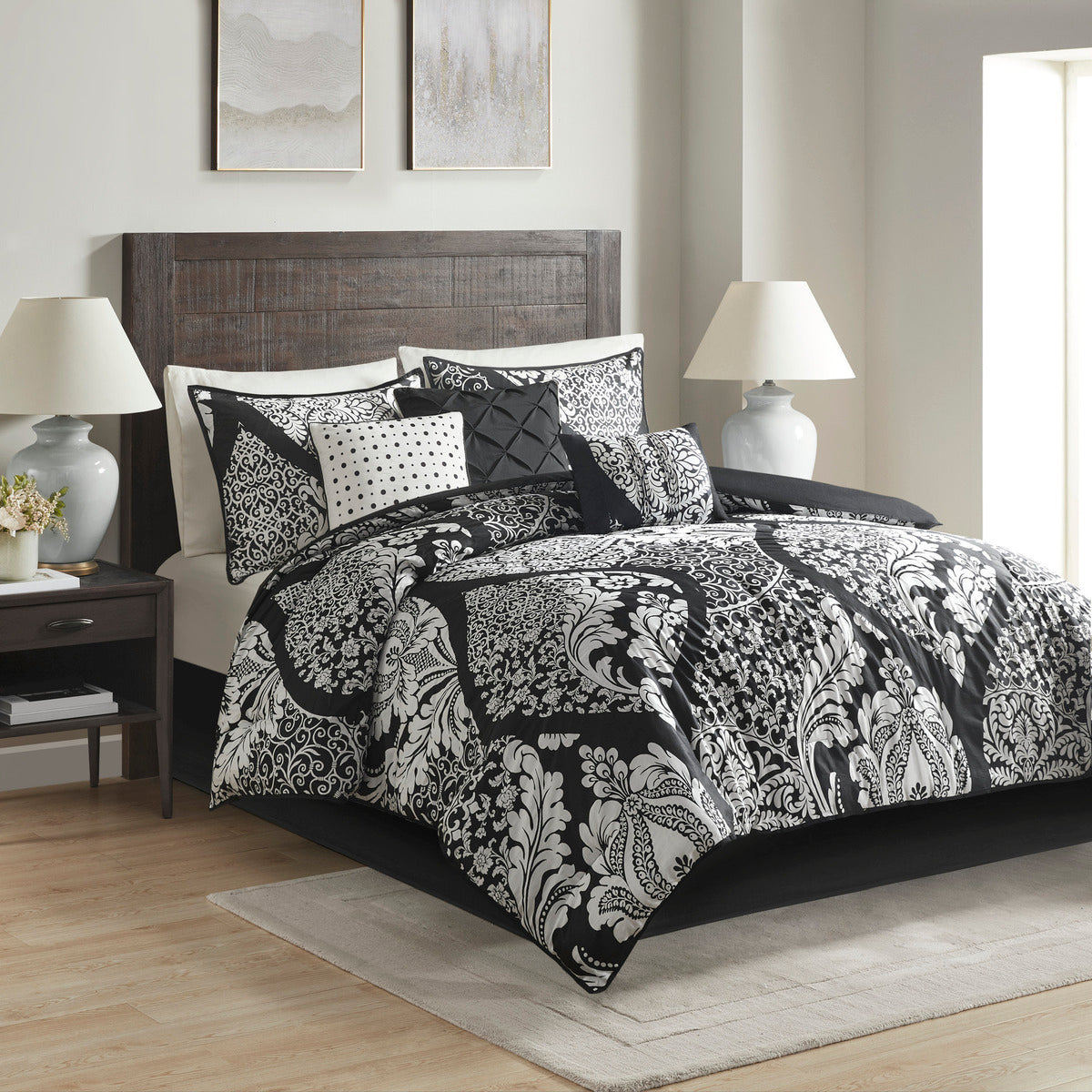 7 Piece Cotton Printed Comforter Set HouseOfZazla black white damask bedding and pillows on Tampa Home & Garden Store