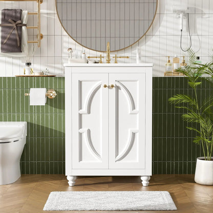 Bathroom vanity with ornate elliptical motif, white cabinet, gold hardware, soft-close hinges on Tampa Home & Garden Store