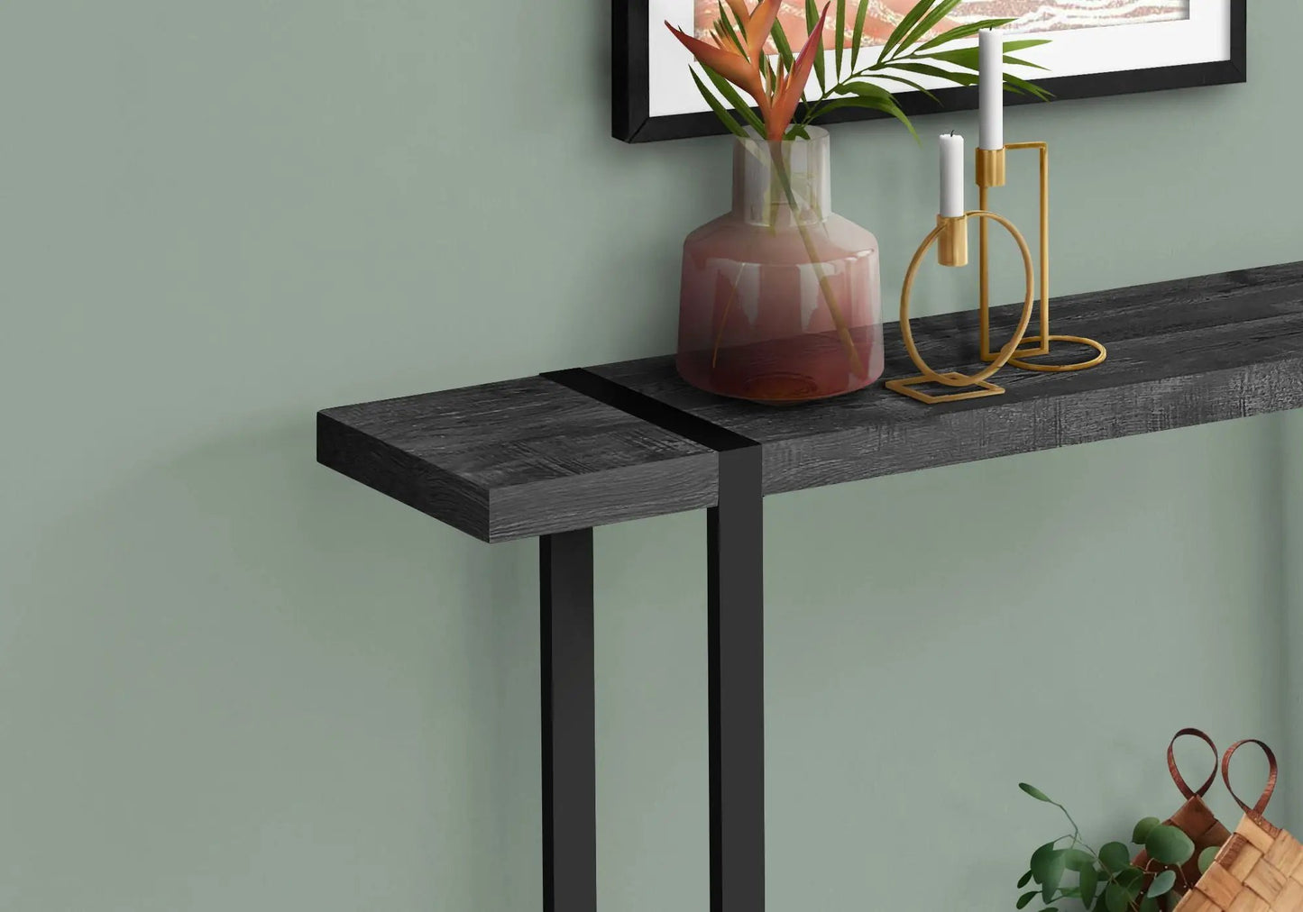 Accent Console Table for Entryway by Unique Piece Furniture; dark wood top, vase & candle holder on Tampa Home & Garden Store