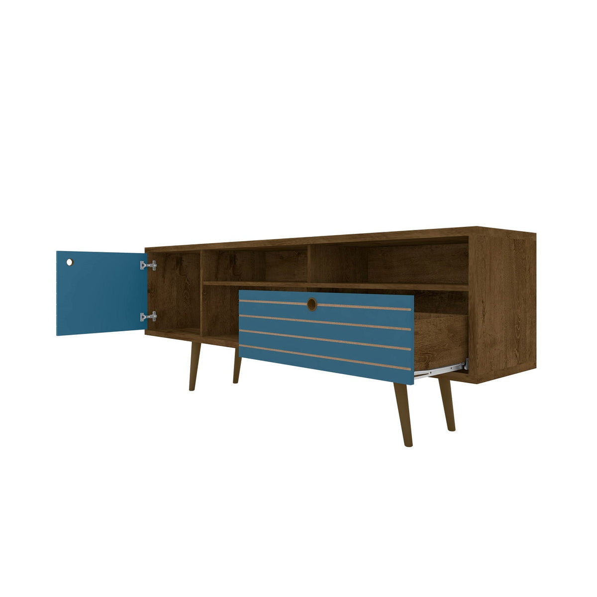 TV stand with wire management, brown wood finish, blue door and drawer fronts, tapered legs on Tampa Home & Garden Store