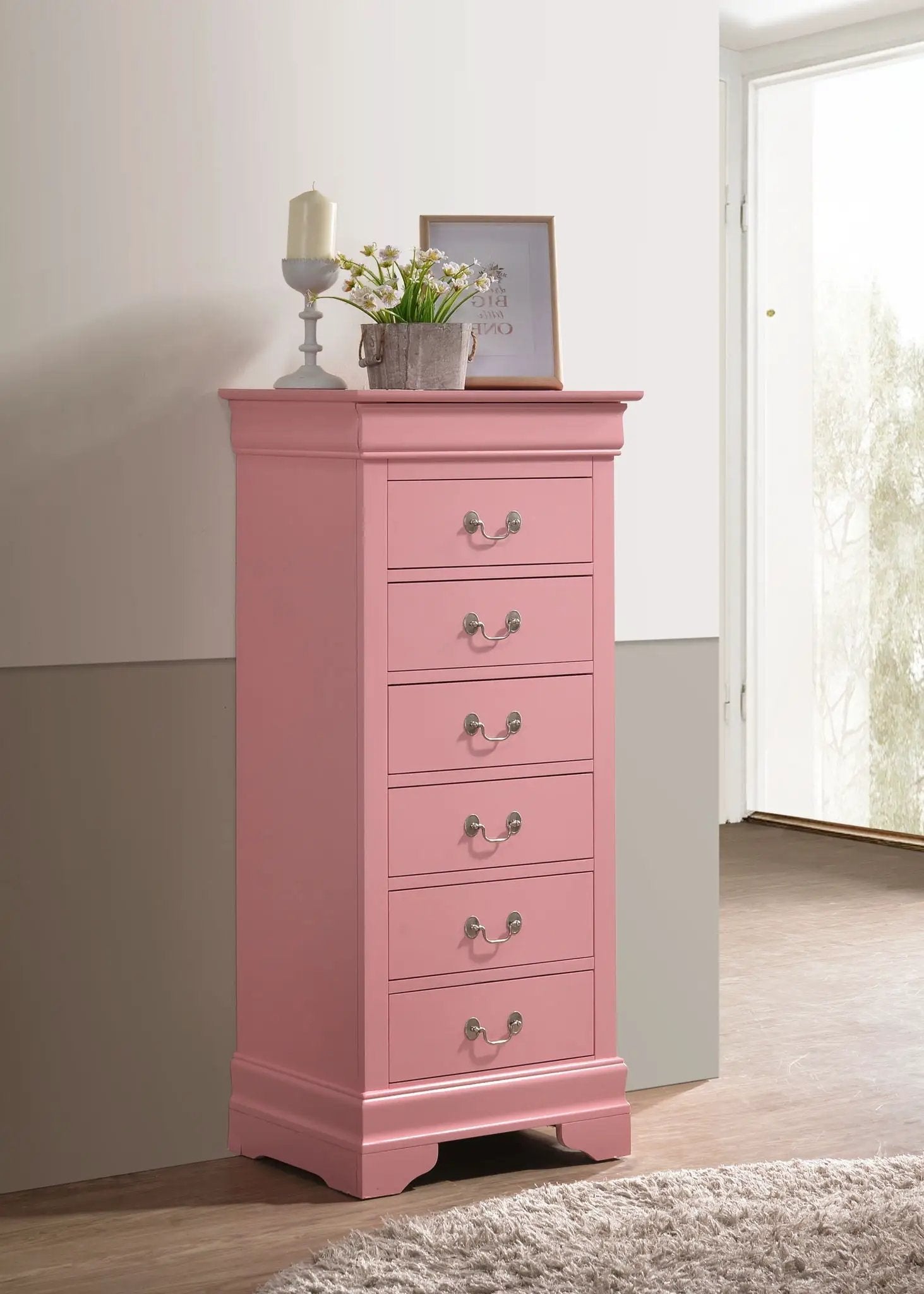 Pink traditional lingerie chest by Unique Piece Furniture with drawers and silver handles on Tampa Home & Garden Store