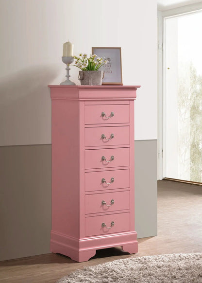 Pink traditional lingerie chest by Unique Piece Furniture with drawers and silver handles on Tampa Home & Garden Store