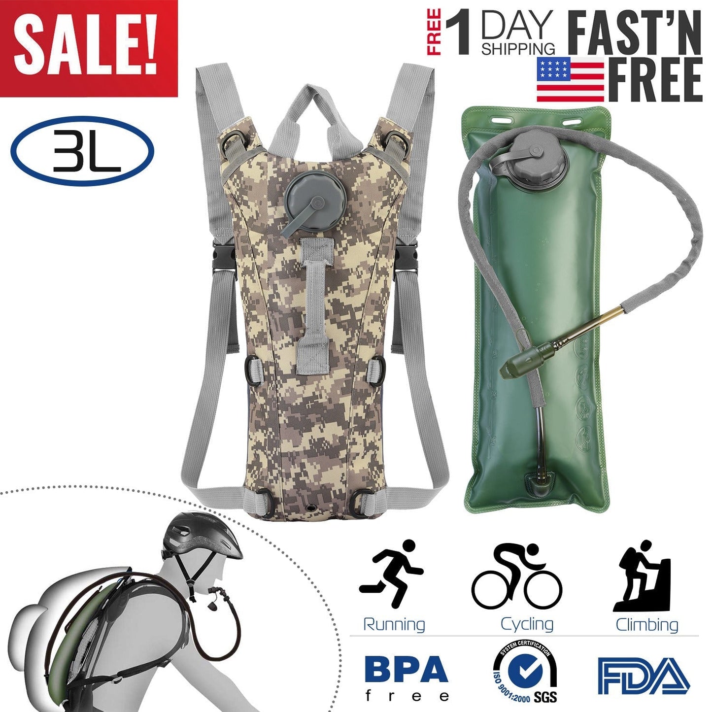 GemGear iMounTEK Tactical Hydration Pack 3L water backpack with camo pattern and gray straps on Tampa Home & Garden Store