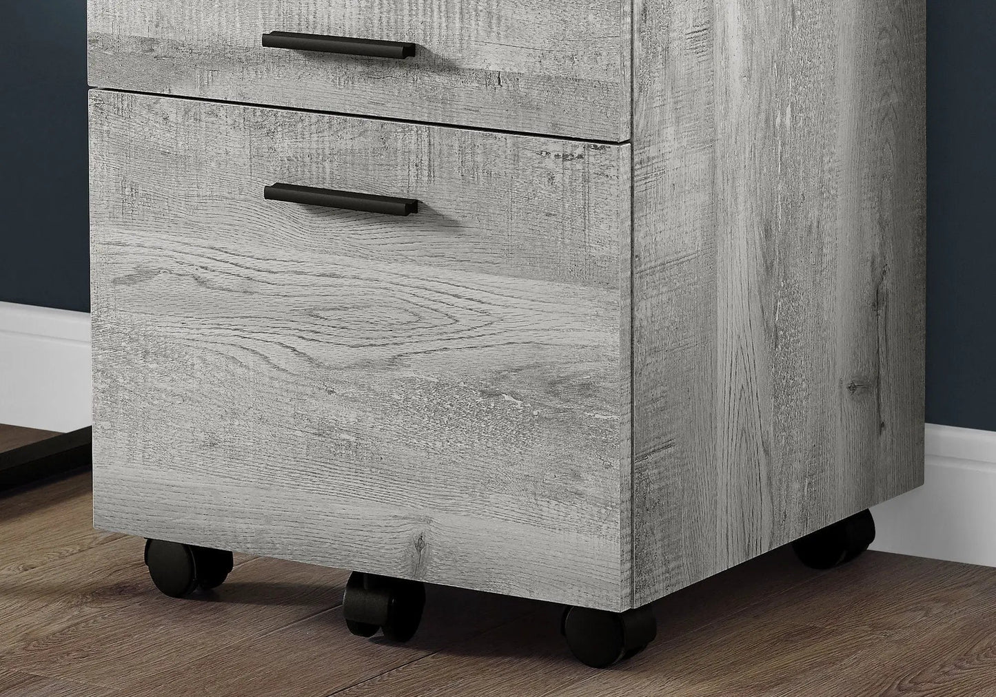 File cabinet rolling drawers by Unique Piece Furniture, gray wood, black handles, casters on Tampa Home & Garden Store