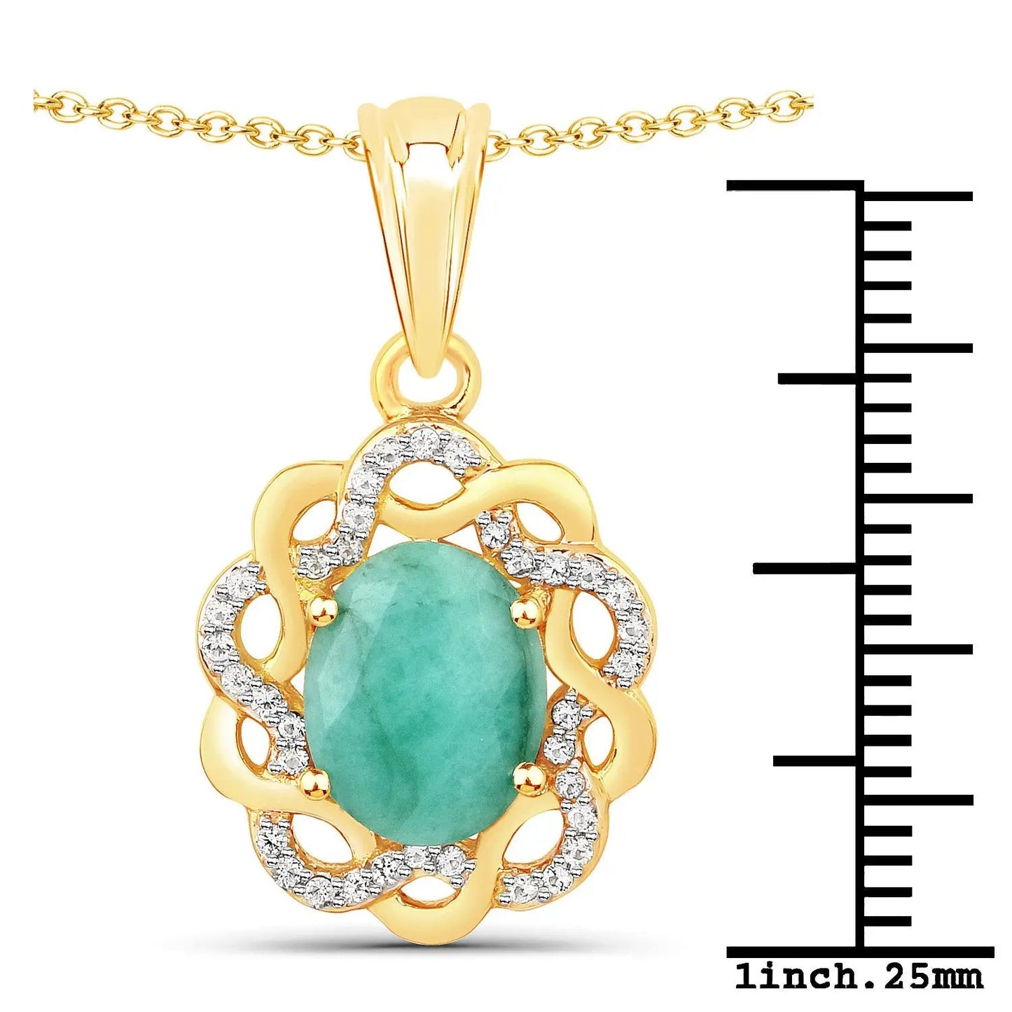 Gold-tone pendant with emerald centerpiece and diamond halo on ornate floral frame chain on Tampa Home & Garden Store