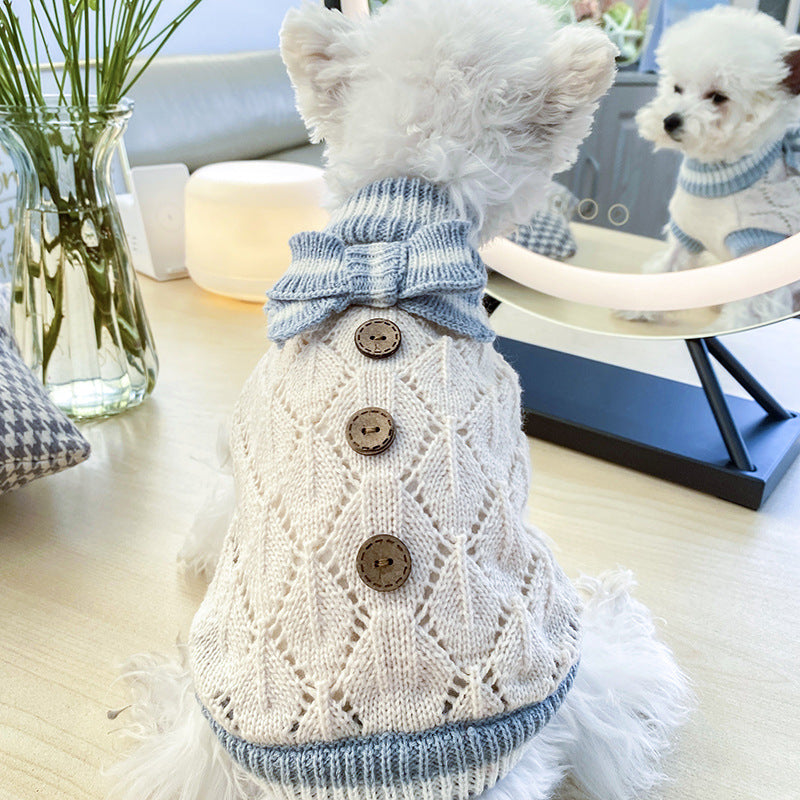 Bowknot dog sweater ivory knit with button details, blue bow collar for two dogs on Tampa Home & Garden Store