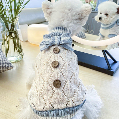 Bowknot cream dog/cat sweater by Pet Zen with brown buttons and blue bowknot on Tampa Home & Garden Store