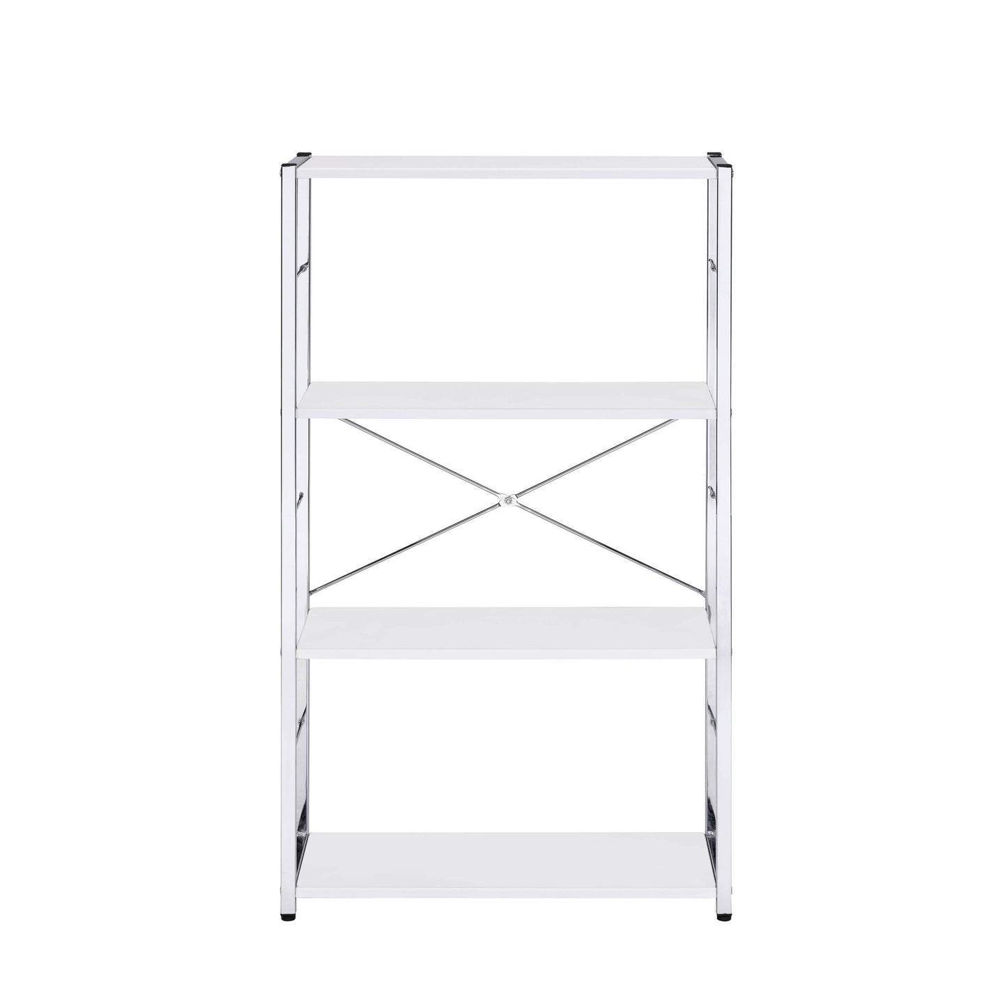 Tennos Bookshelf white etagere with chrome metal frame and cross braces by HouseOfZazla on Tampa Home & Garden Store