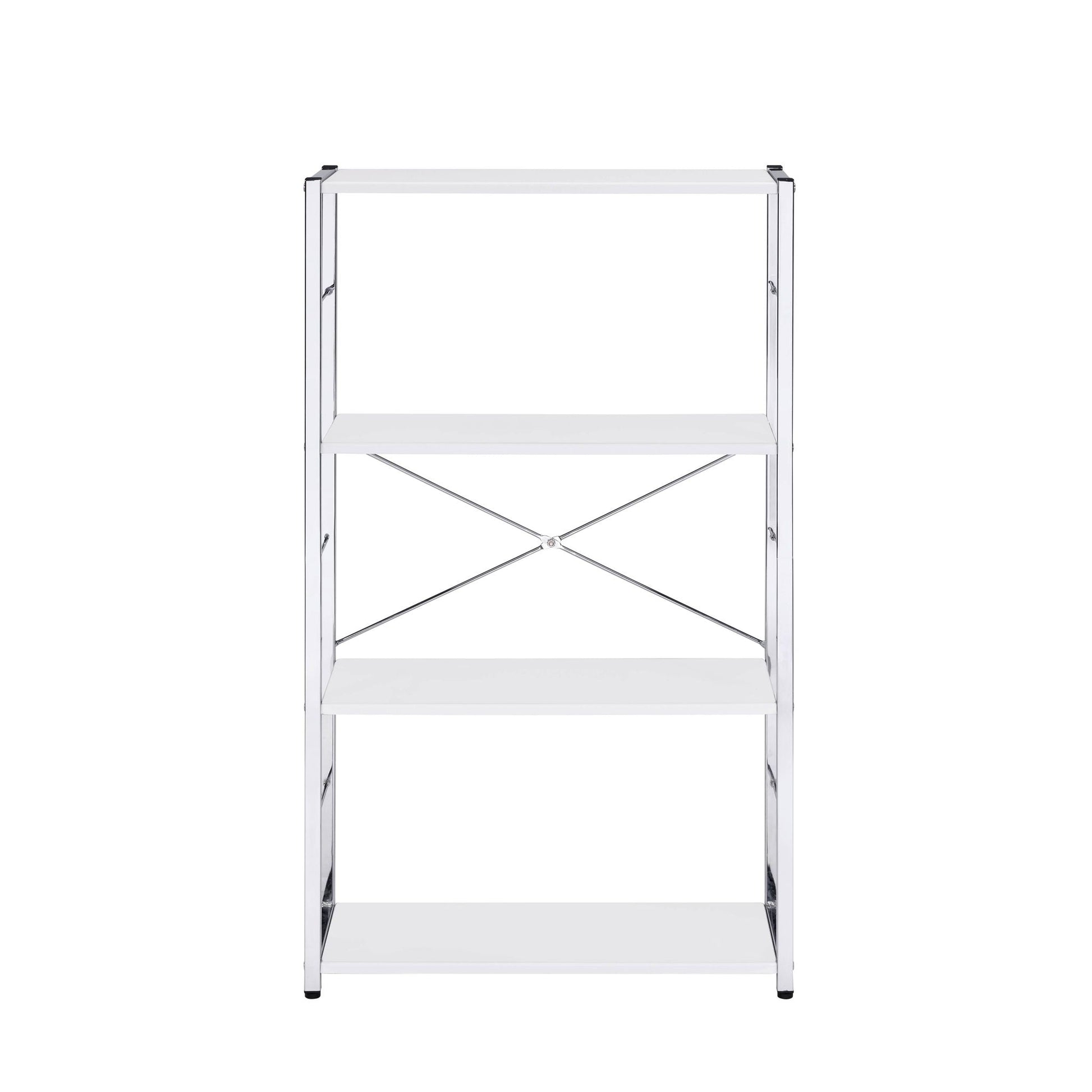 Tennos Bookshelf white etagere with chrome metal frame and cross braces by HouseOfZazla on Tampa Home & Garden Store