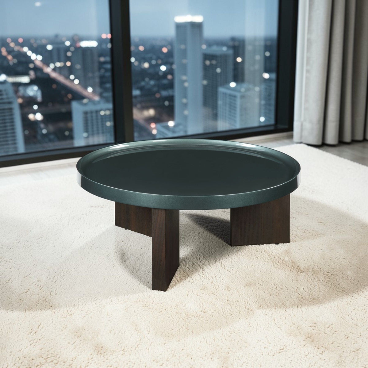 Elegant coffee table with dark green high-gloss top and brown wood legs by HouseOfZazla on Tampa Home & Garden Store