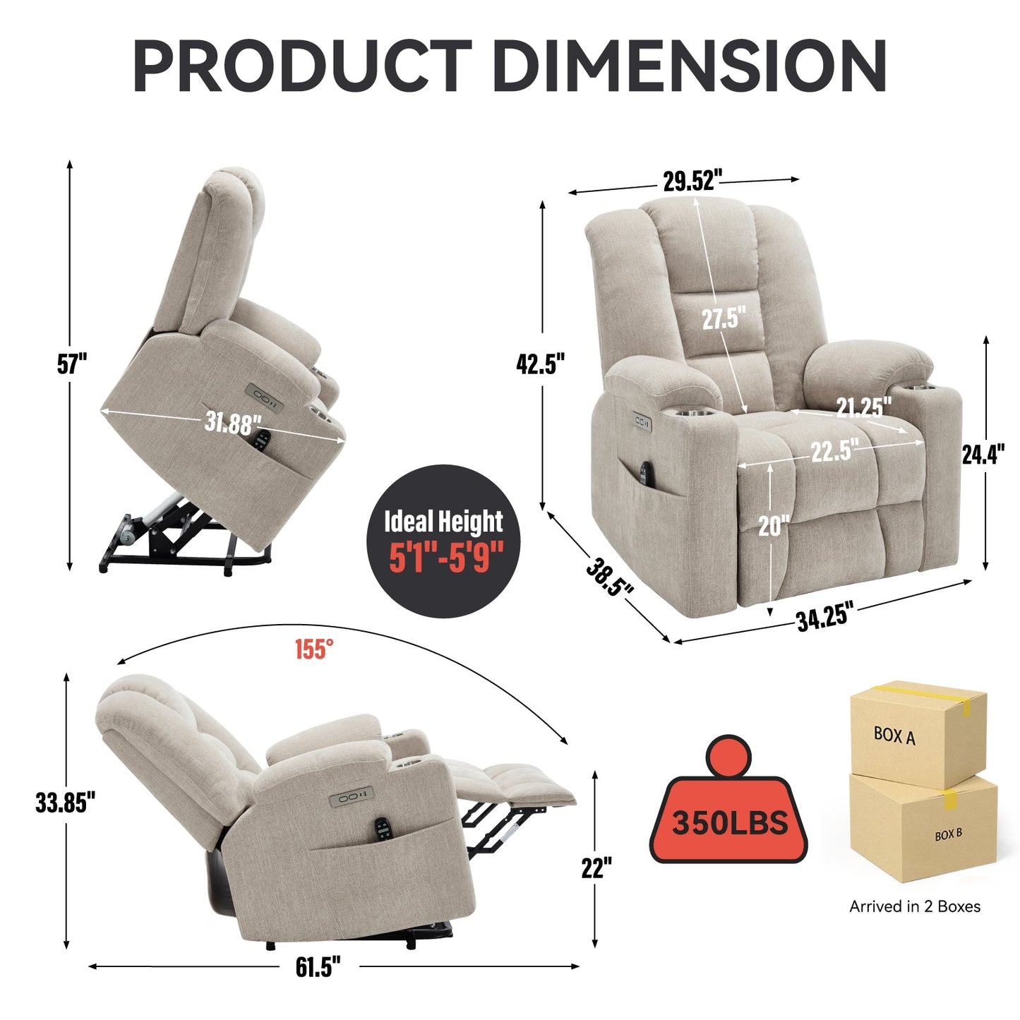 Power Lift Recliner Chair with Massage and Heat by HouseOfZazla beige fabric shown in two views on Tampa Home & Garden Store