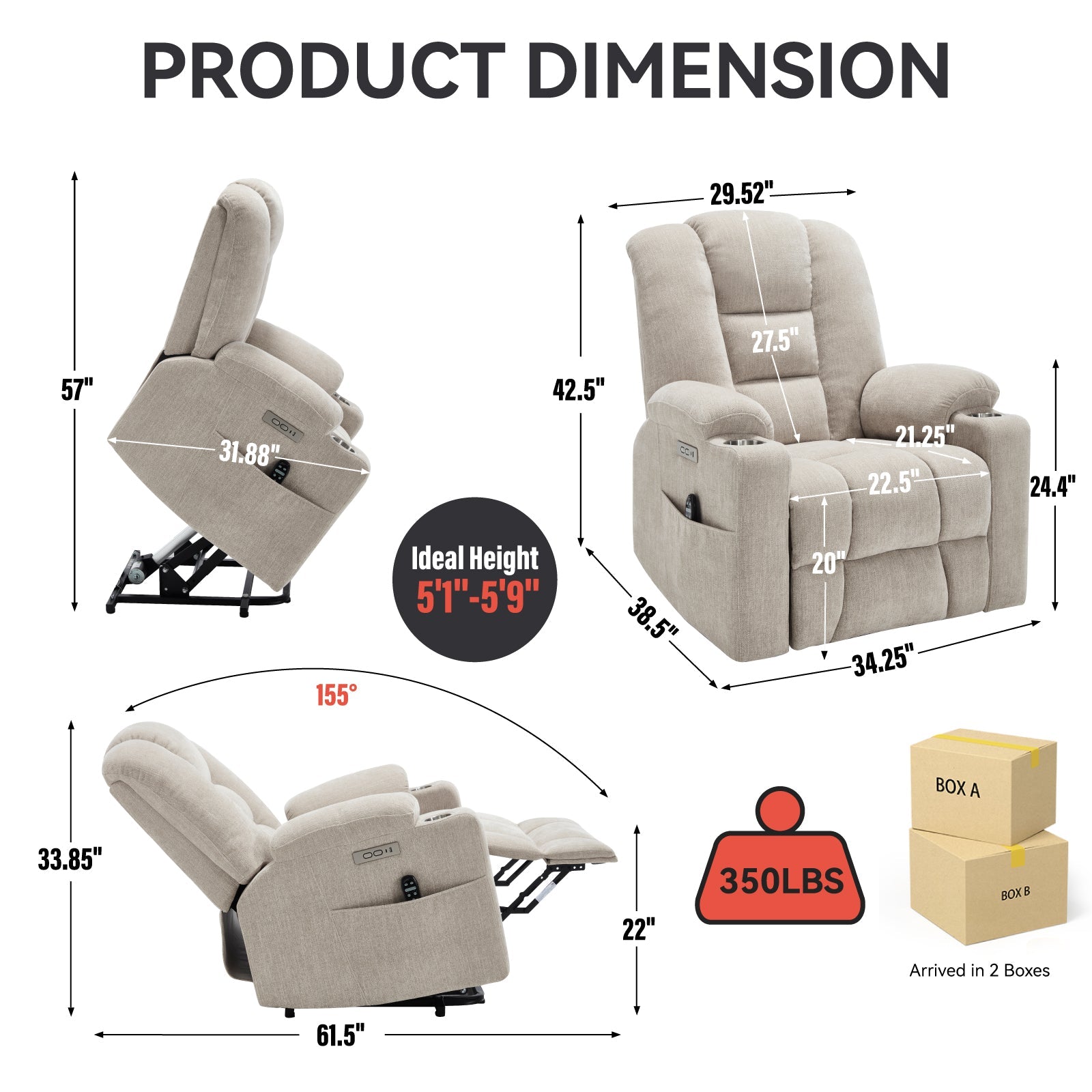 Power Lift Recliner Chair with Massage and Heat by HouseOfZazla beige fabric shown in two views on Tampa Home & Garden Store