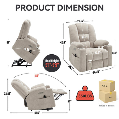 Power Lift Recliner Chair with Massage and Heat by HouseOfZazla beige fabric shown in two views on Tampa Home & Garden Store
