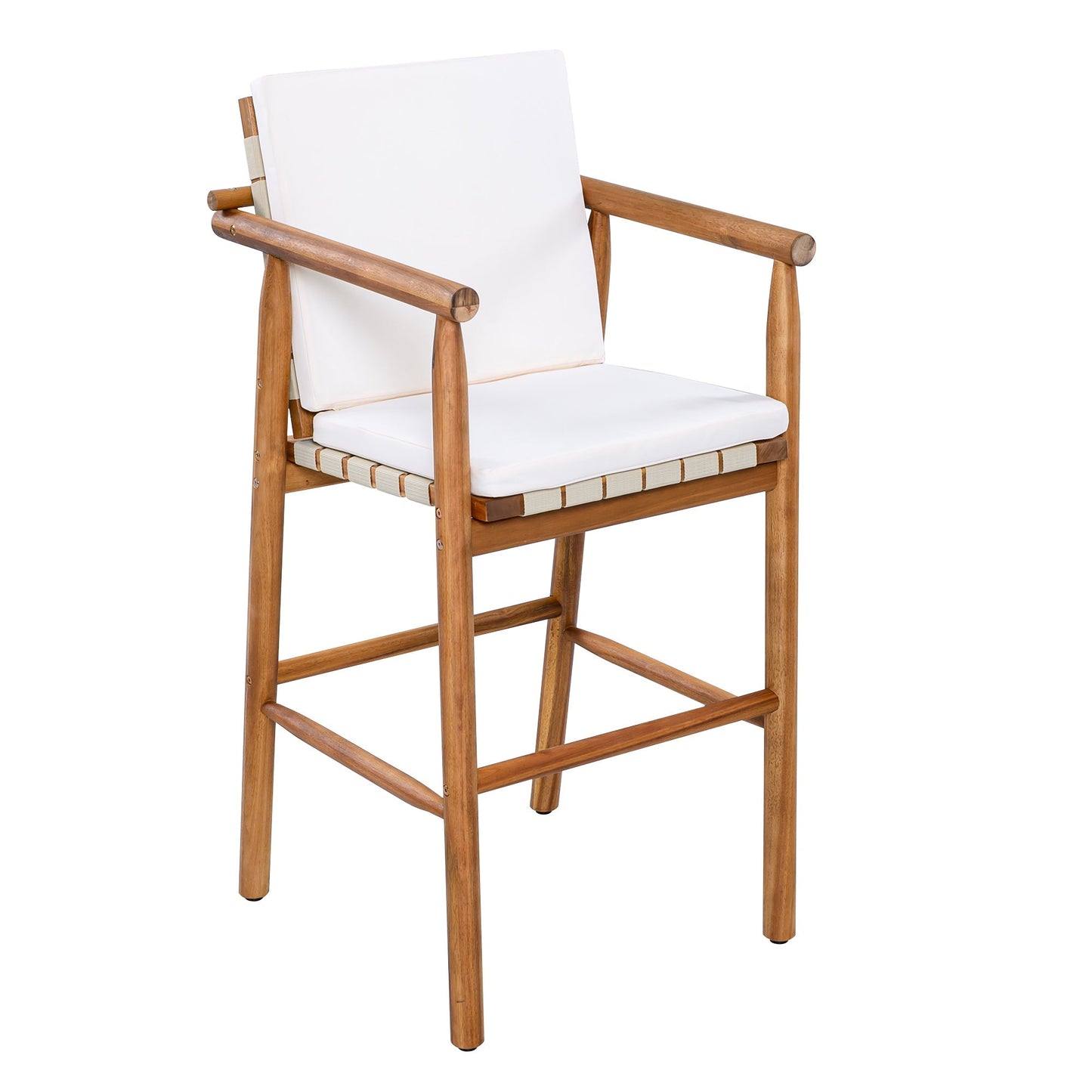 Outdoor counter height bar stools set of 2 by HouseOfZazla with white cushions, wood frame on Tampa Home & Garden Store