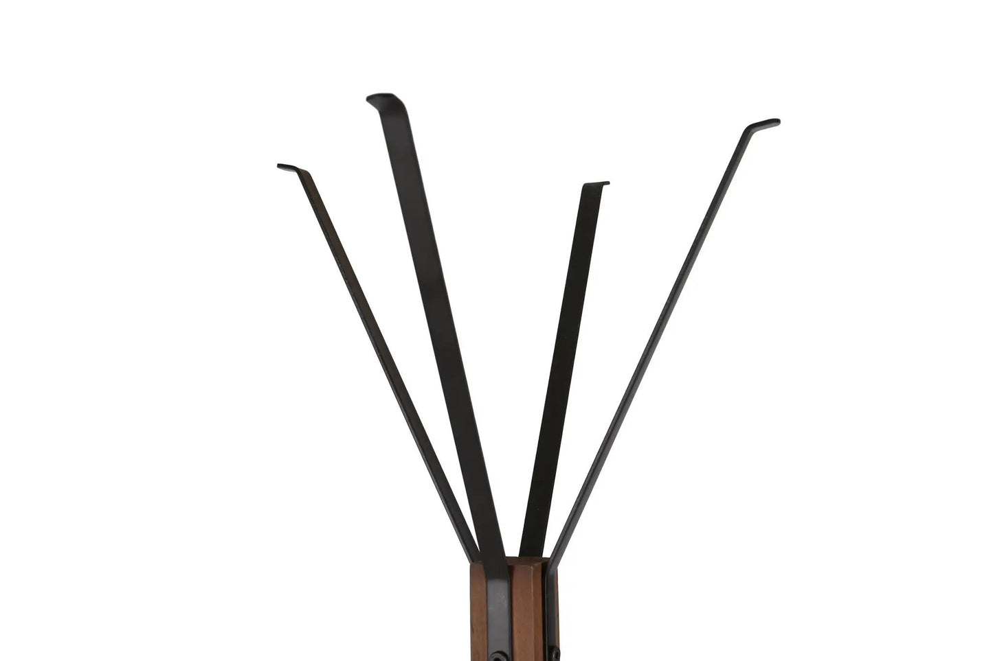 Freestanding coat rack with five black metal arms fanning from a natural reclaimed wood base on Tampa Home & Garden Store