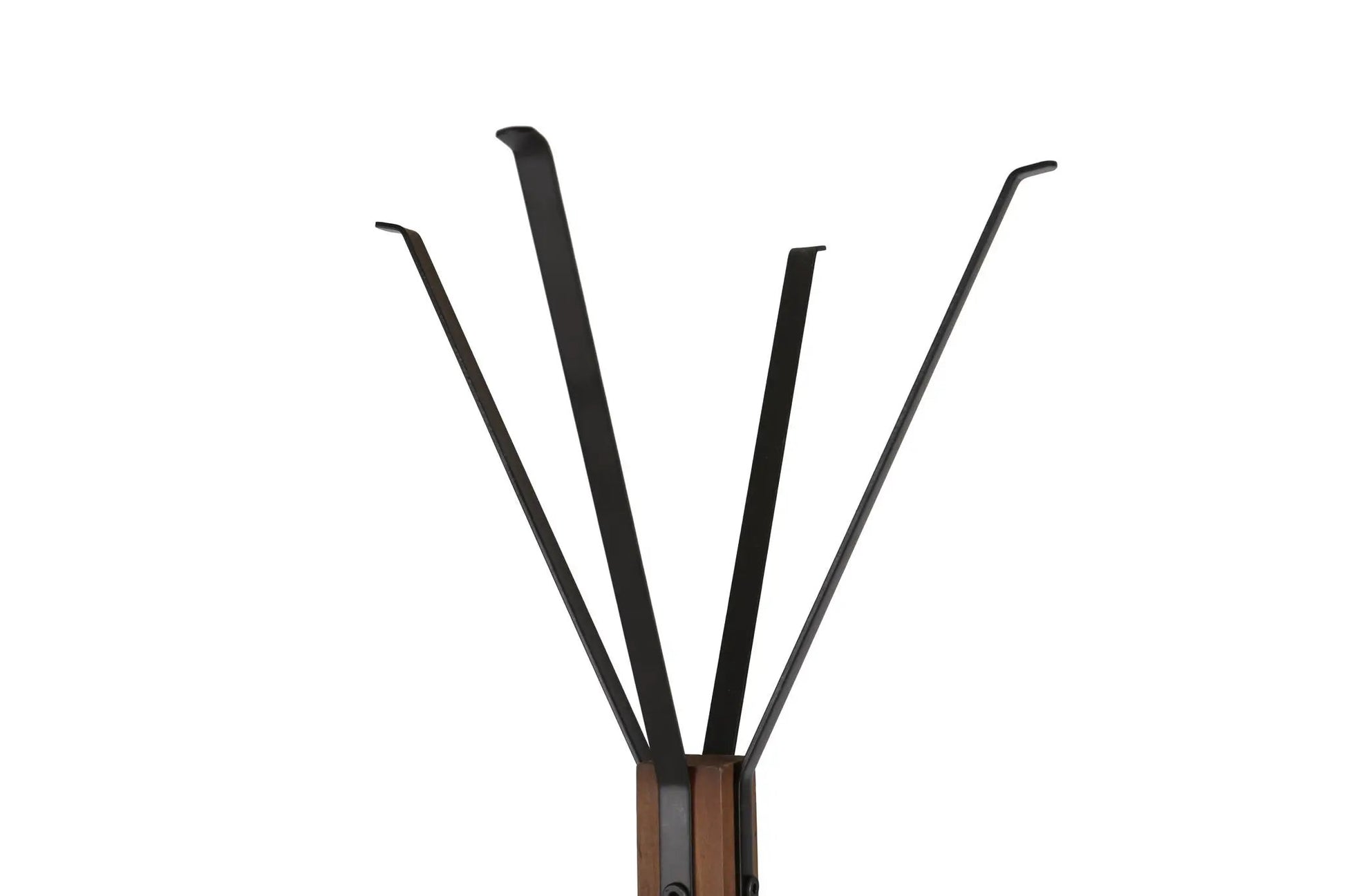 Freestanding coat rack with five black metal arms fanning from a natural reclaimed wood base on Tampa Home & Garden Store
