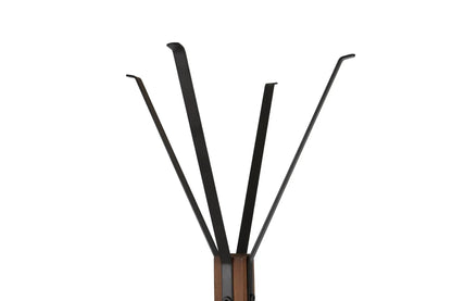 Freestanding coat rack with five black metal arms fanning from a natural reclaimed wood base on Tampa Home & Garden Store