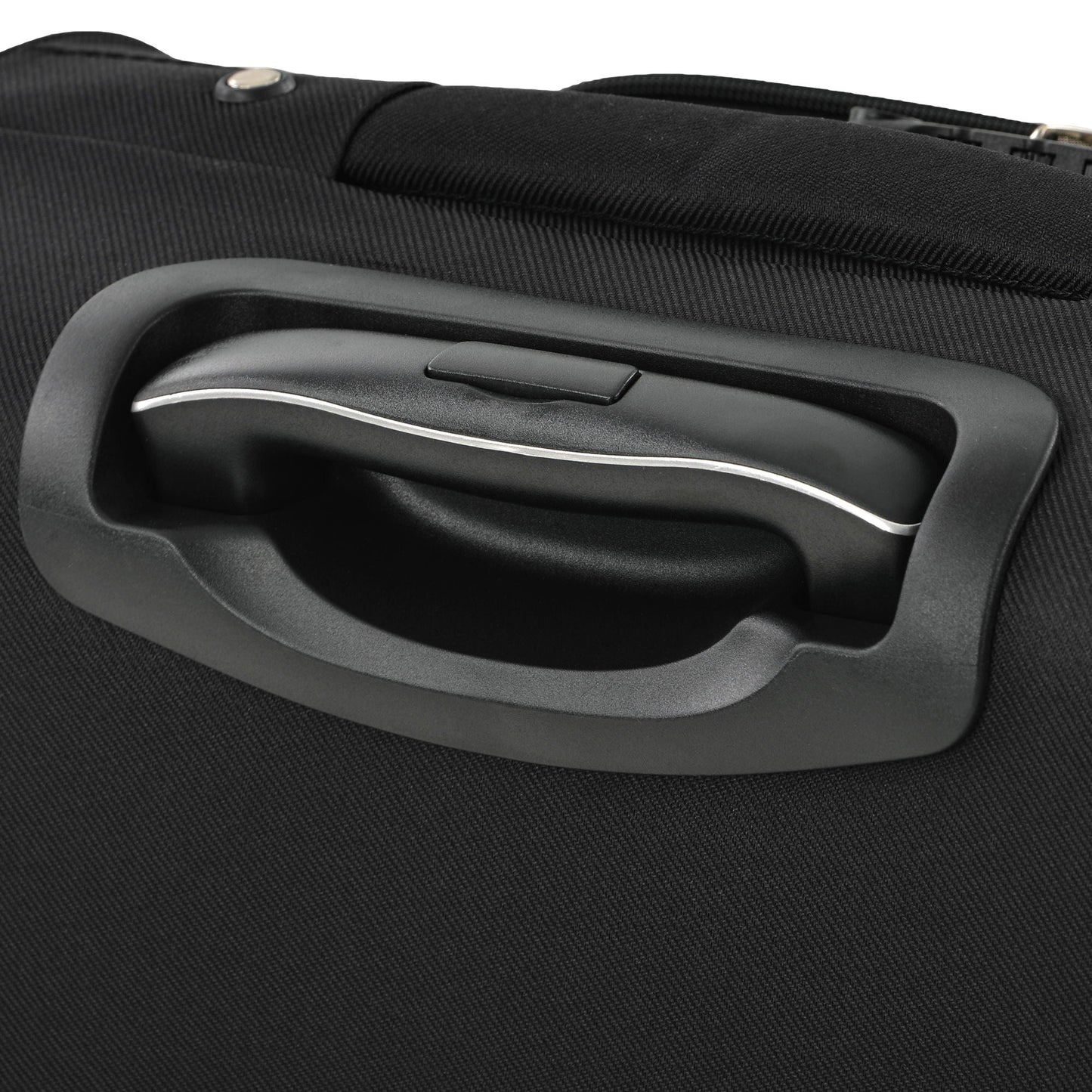 Softside luggage handle close-up, black fabric with gray molded carry handle and zipper detail on Tampa Home & Garden Store