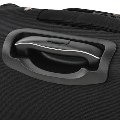 Softside luggage handle close-up, black fabric with gray molded carry handle and zipper detail on Tampa Home & Garden Store