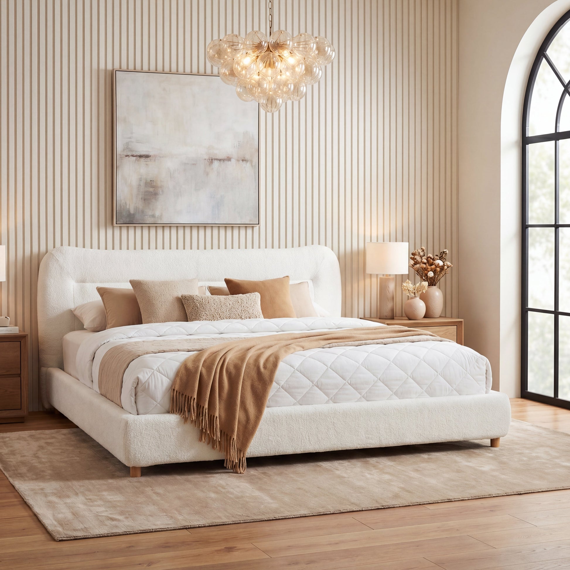 King teddy bear plush bed with curved headboard, beige bedding and tan throw, nightstands on Tampa Home & Garden Store
