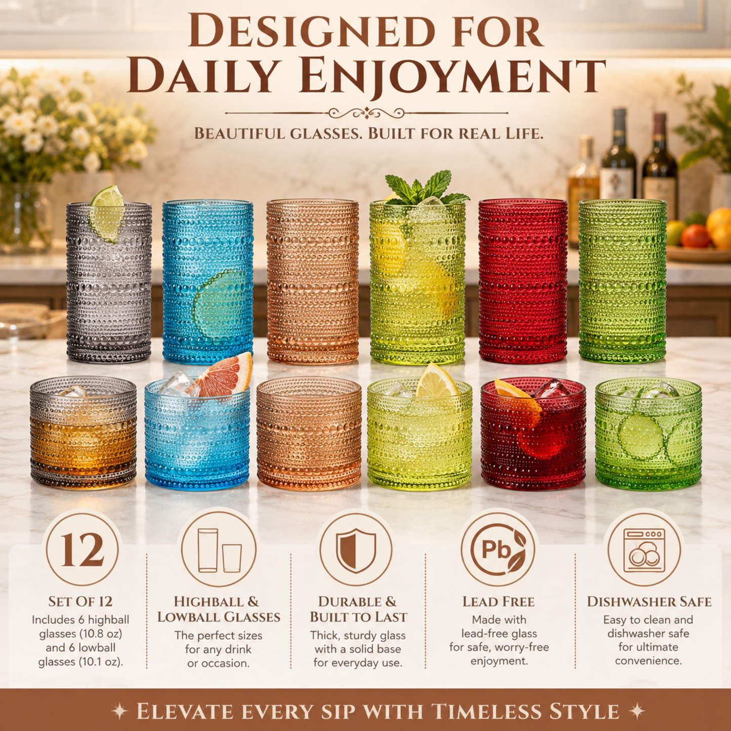 Fortuna Hobnail Lowball and Highball Glass Set