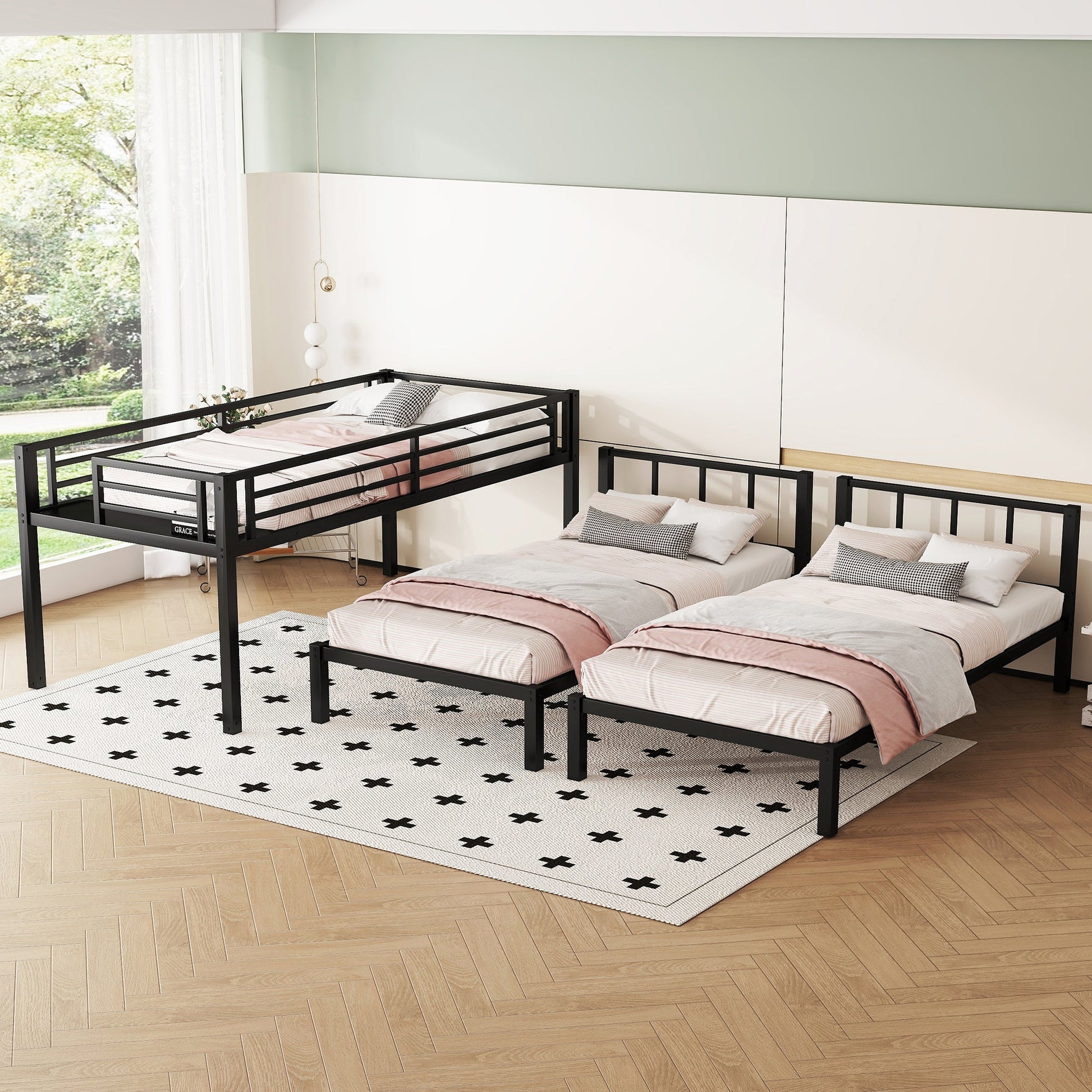 Metal triple bunk bed for kids by HouseOfZazla, black frame with pink bedding on Tampa Home & Garden Store
