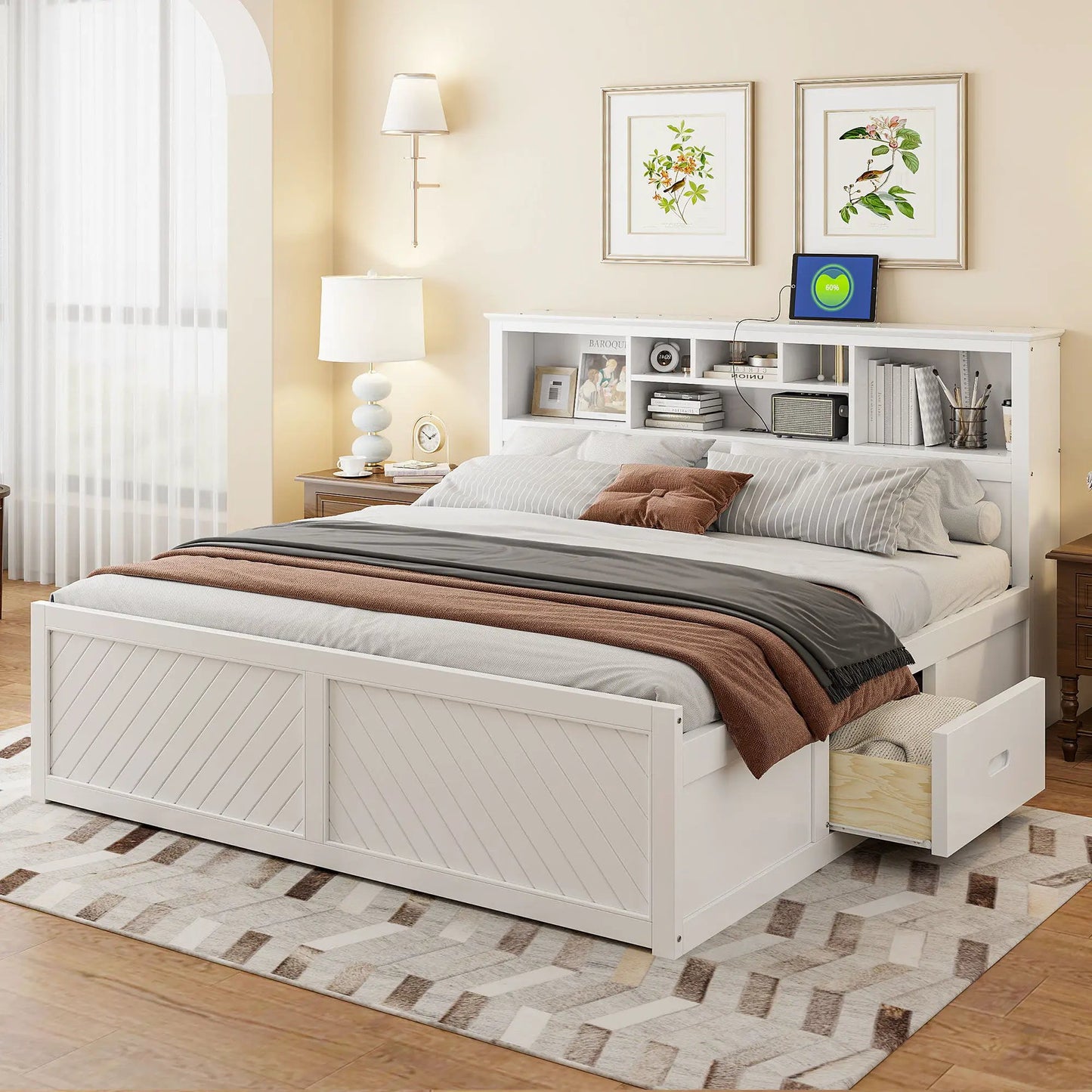Platform Bed With Storage Headboard USB Drawers