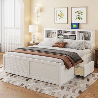 Platform bed with storage headboard and built-in drawers in white finish on Tampa Home & Garden Store