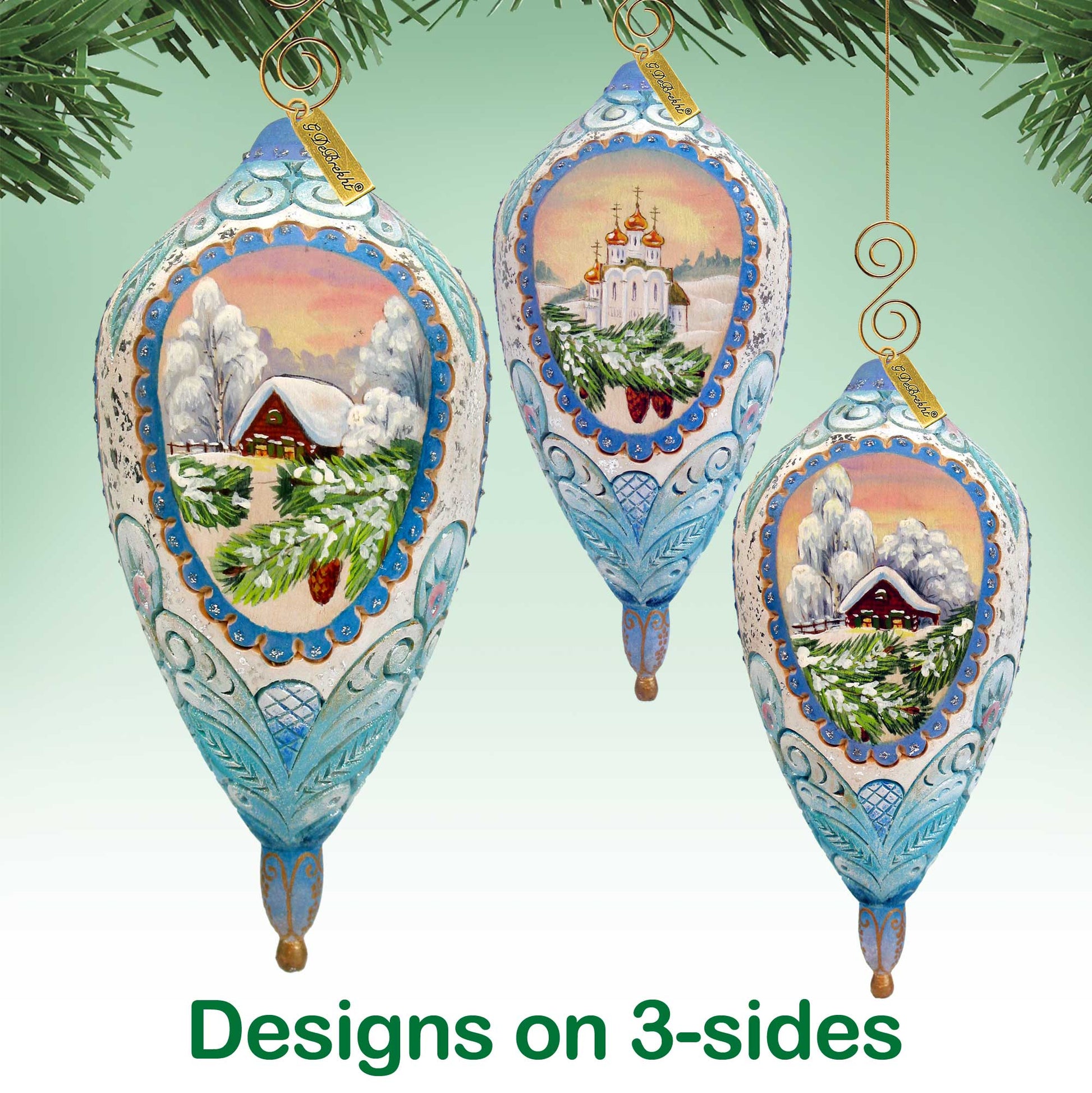 Winter Cottage Sculpted Ornament by G. DeBrekht, blue trio holiday ornaments with winter village on Tampa Home & Garden Store