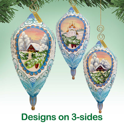 Winter Cottage Sculpted Ornament by G. DeBrekht, blue trio holiday ornaments with winter village on Tampa Home & Garden Store