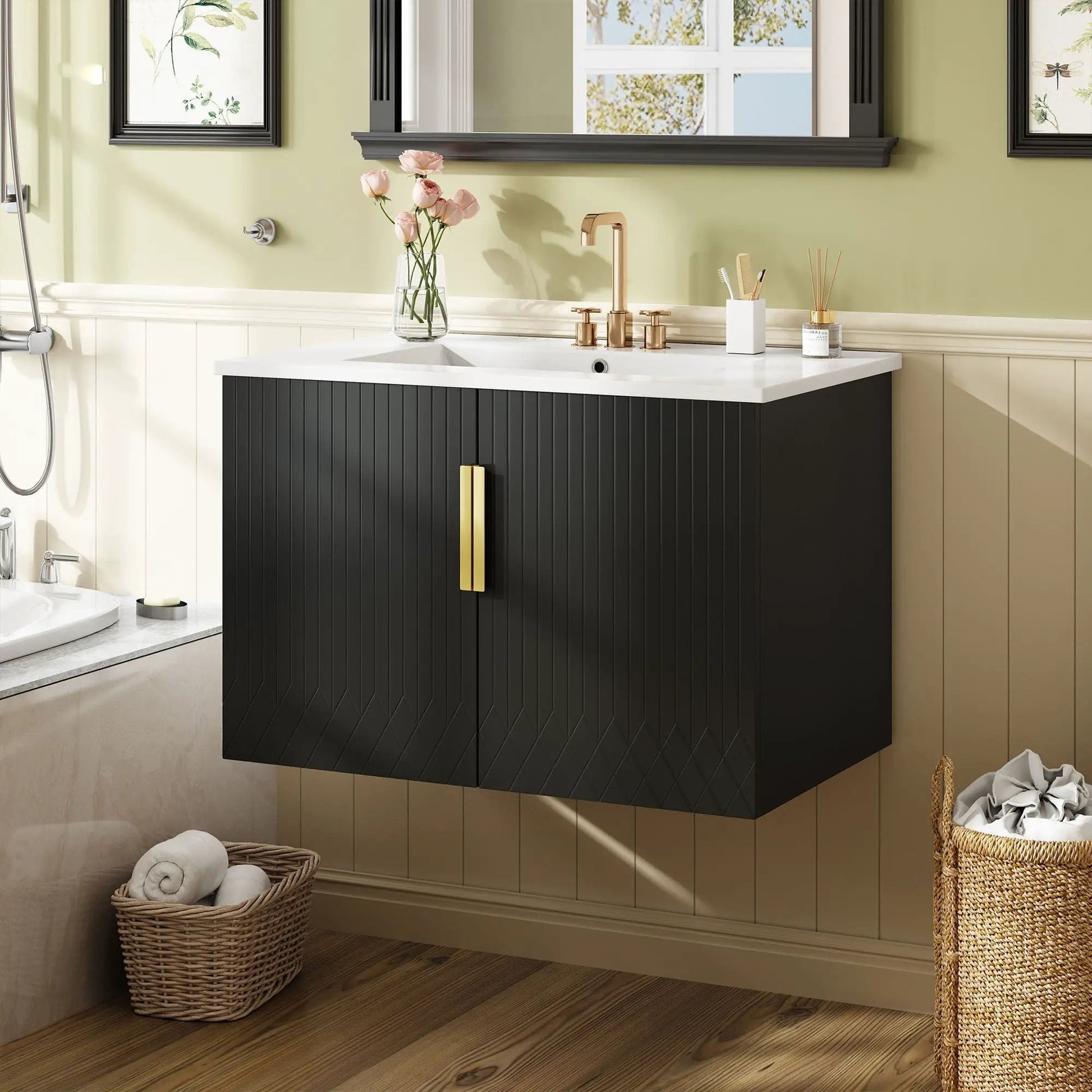 Bathroom vanity with sink, black beadboard cabinet, white countertop, gold faucet, 2 doors on Tampa Home & Garden Store