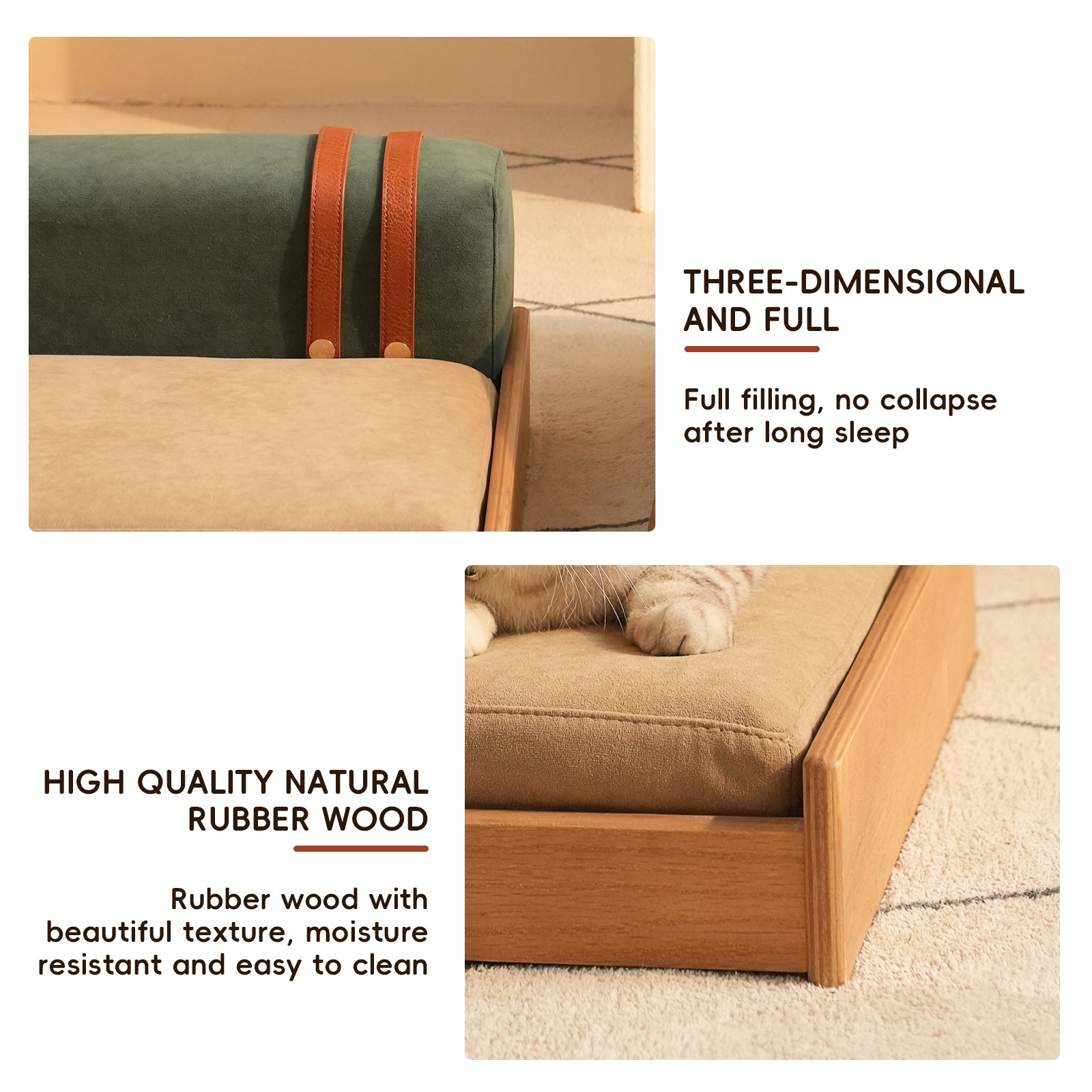 Modern Wooden Pet Bed for Cats and Dogs with beige cushion and leather straps on Tampa Home & Garden Store