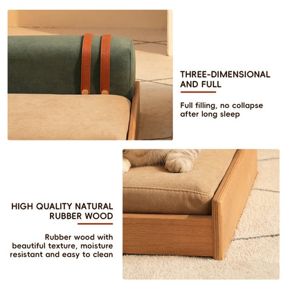 Modern Wooden Pet Bed for Cats and Dogs with beige cushion and leather straps on Tampa Home & Garden Store
