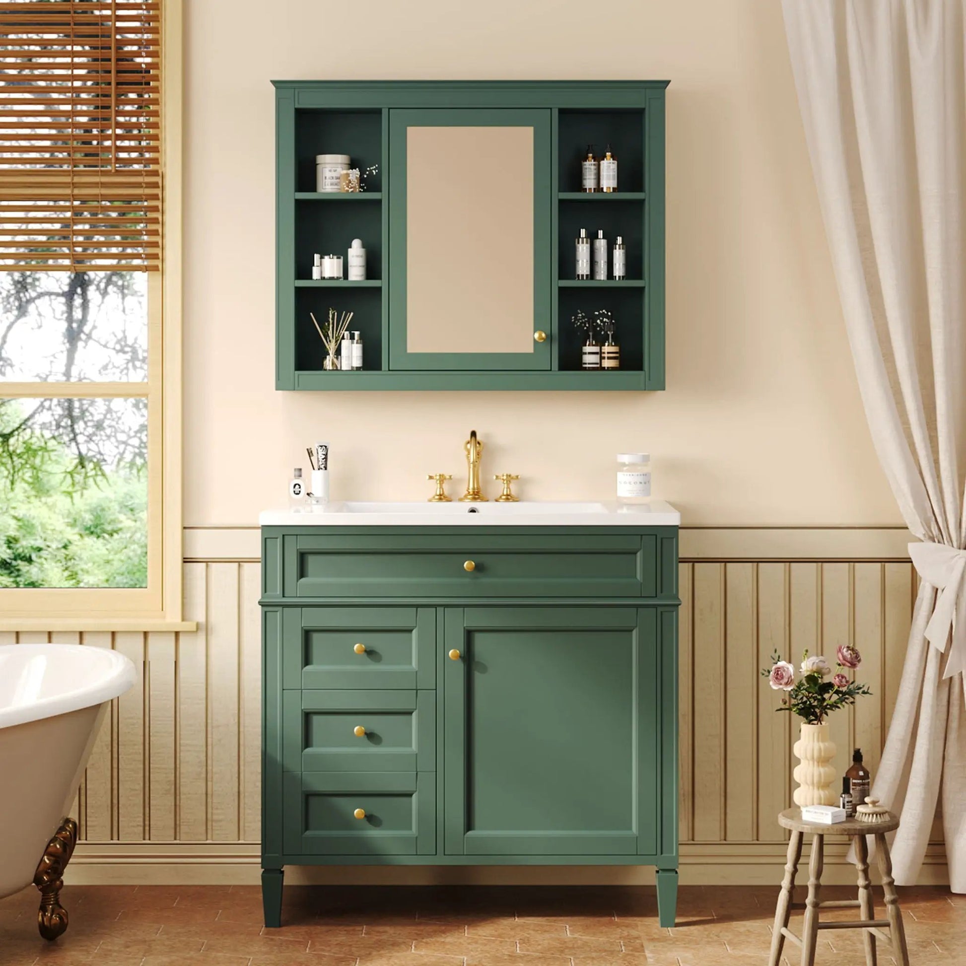 Green bathroom vanity with mirror cabinet, single sink, 2 doors and 4 drawers on Tampa Home & Garden Store